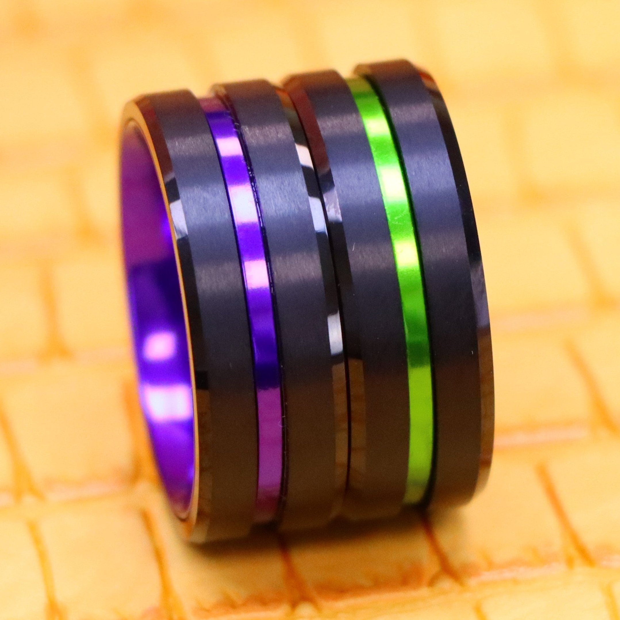 8mm Black Plated Grooved Center with PURPLE/GREEN Anodized Aluminum Sleeve Tungsten Ring - Labhu USA