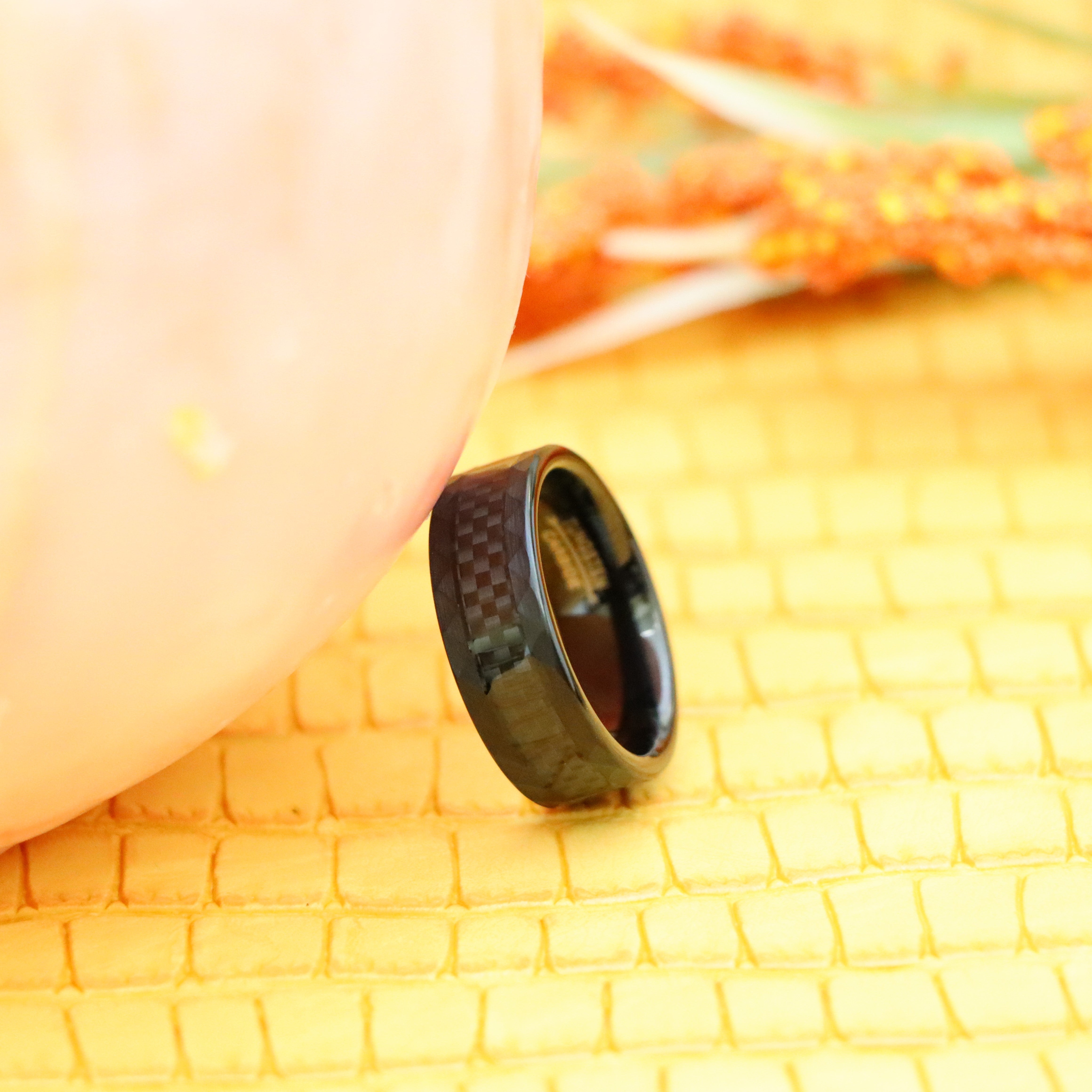8mm Carbon Fiber Center Faceted Sides Tungsten Ring - Labhu USA