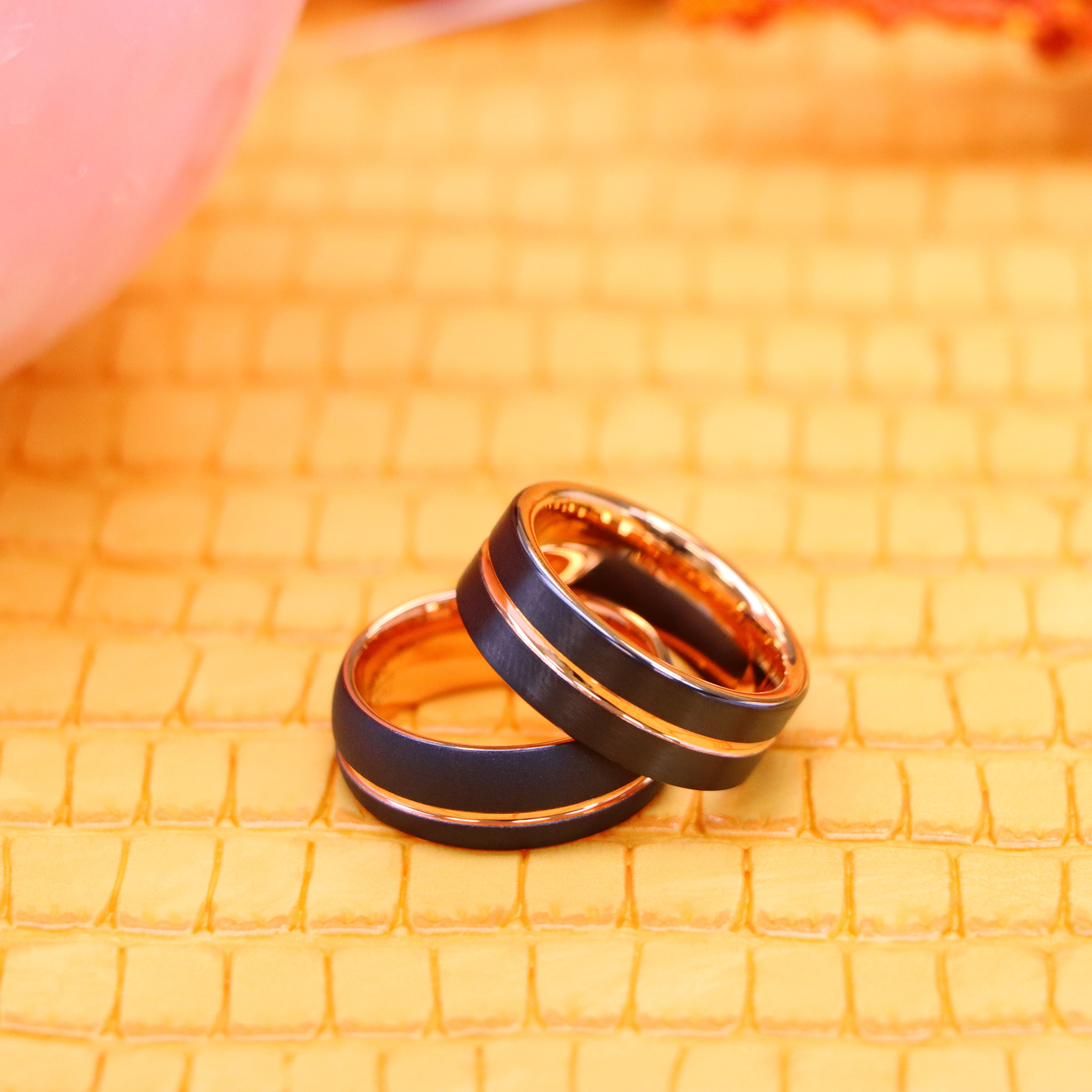 8mm Domed Rose Gold & Black IP Plated Sandblasted Finish/Rose & Black IP Grooved Pipe-Cut Tungsten Ring - Labhu USA