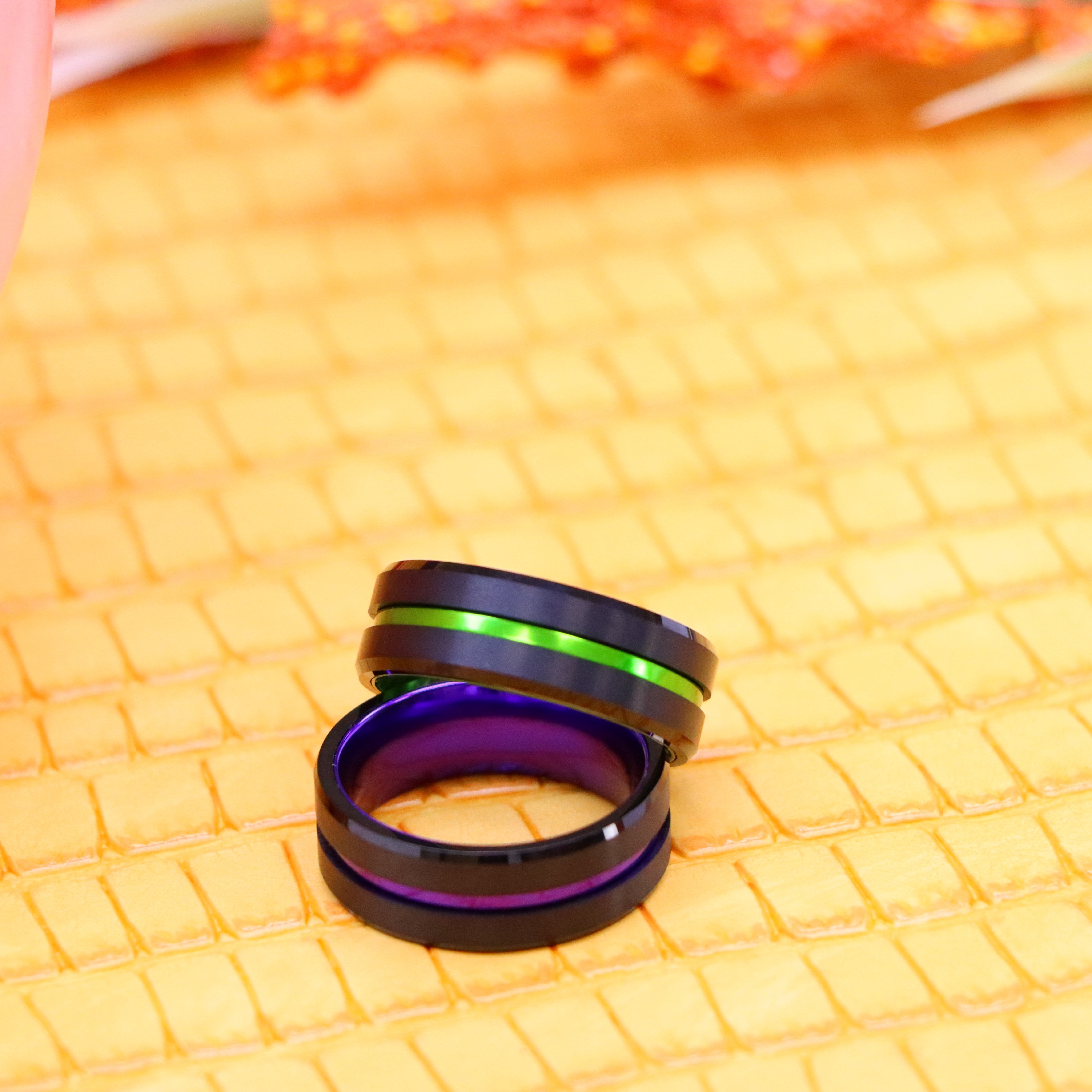 8mm Black Plated Grooved Center with PURPLE/GREEN Anodized Aluminum Sleeve Tungsten Ring - Labhu USA