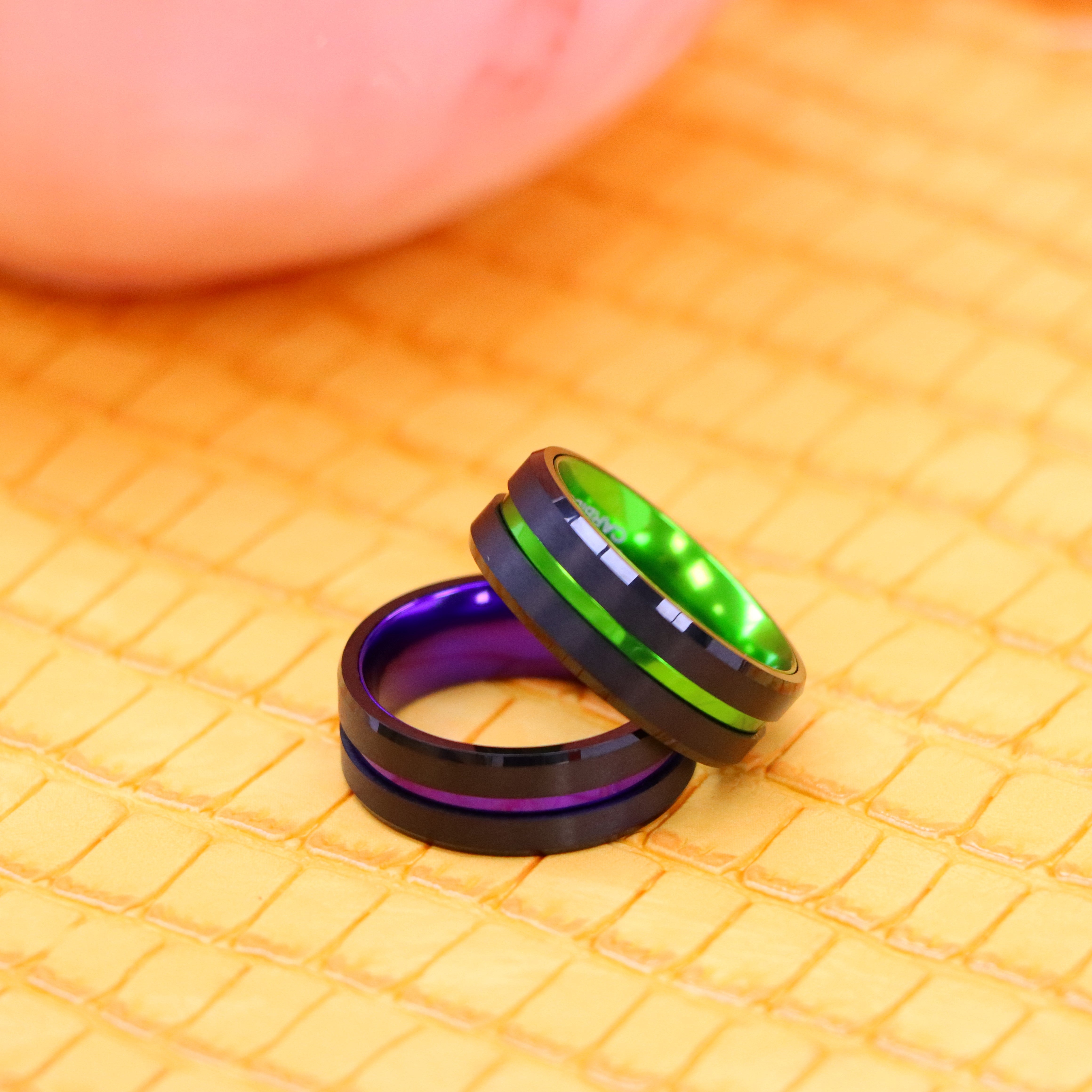 8mm Black Plated Grooved Center with PURPLE/GREEN Anodized Aluminum Sleeve Tungsten Ring - Labhu USA