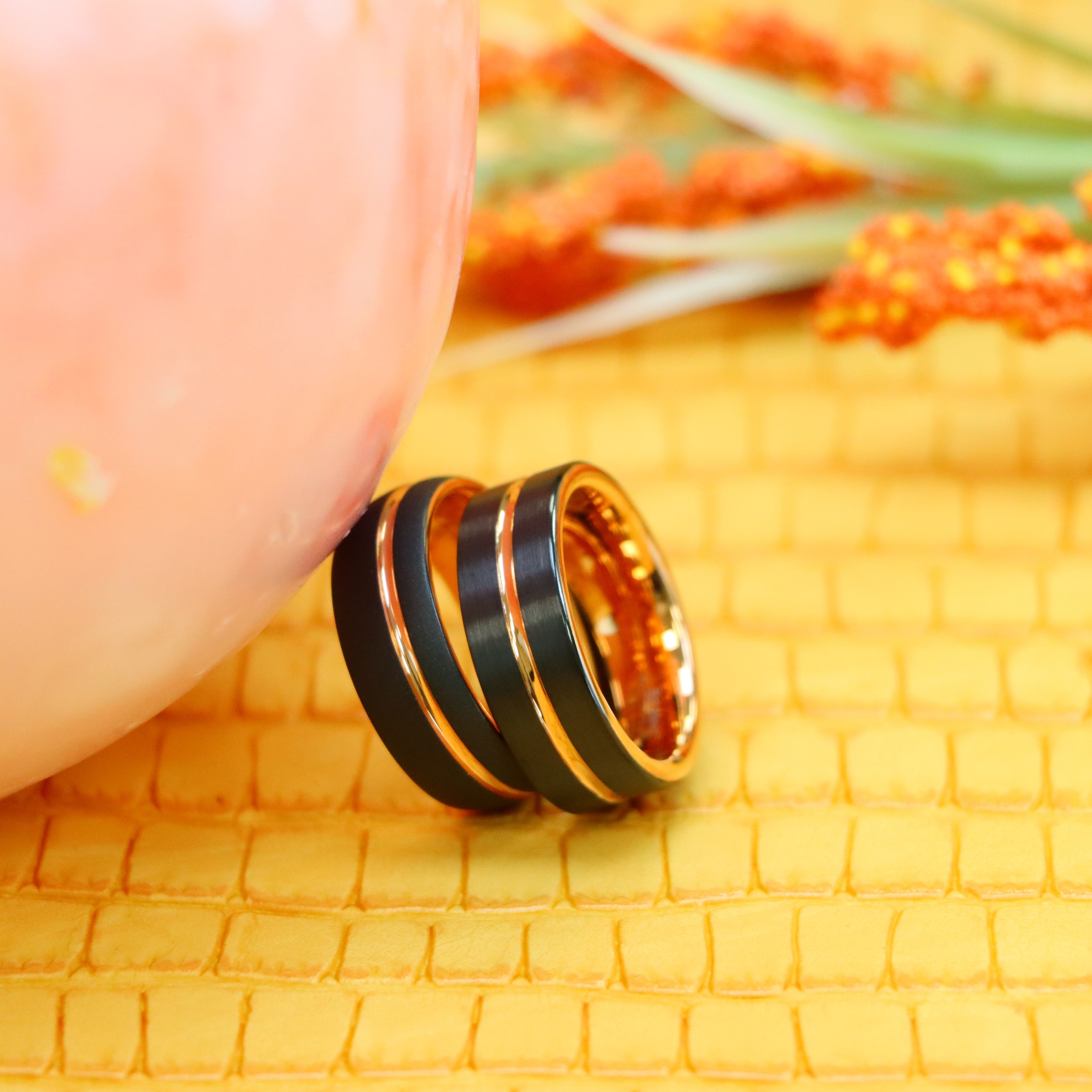 8mm Domed Rose Gold & Black IP Plated Sandblasted Finish/Rose & Black IP Grooved Pipe-Cut Tungsten Ring - Labhu USA