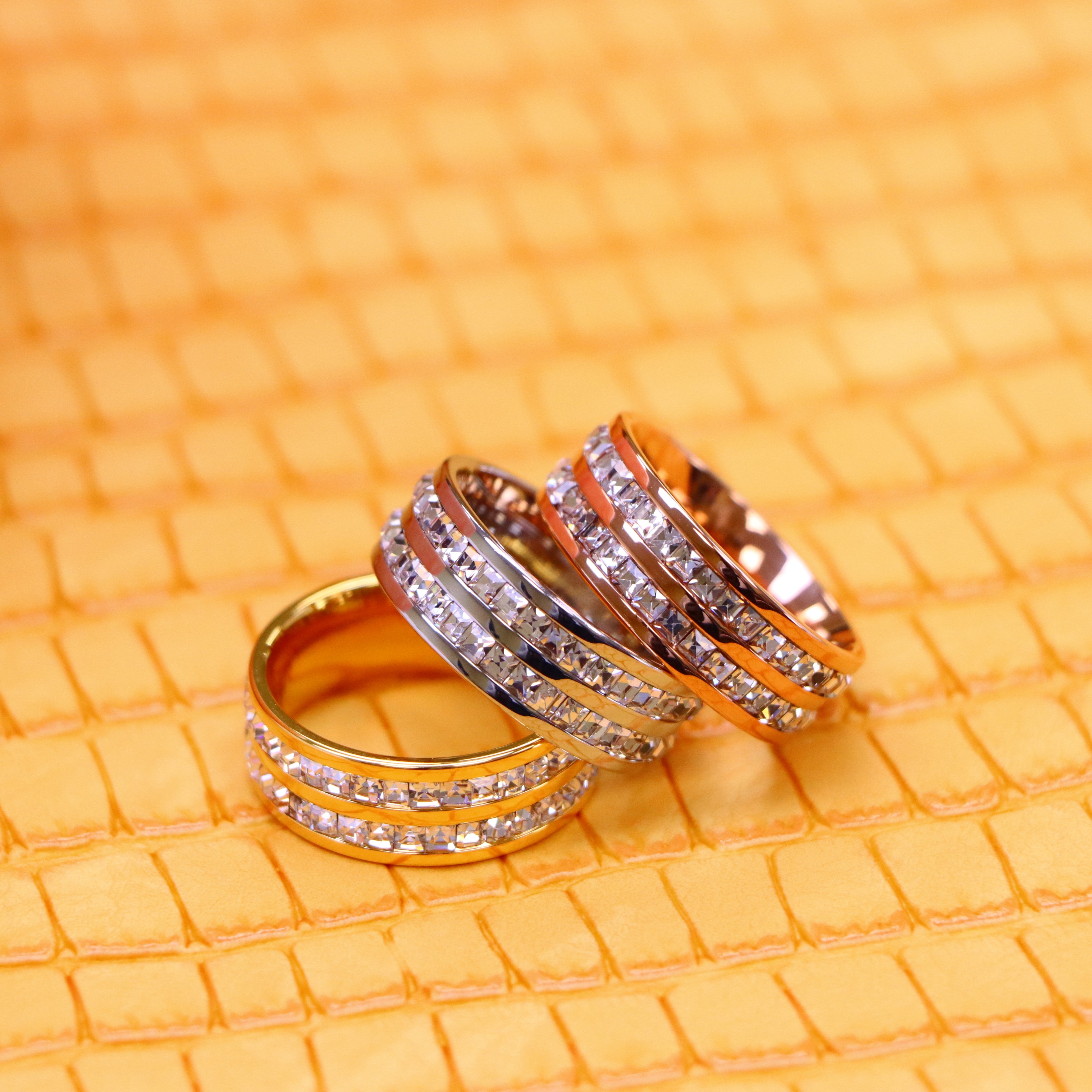 8mm Rose Gold IP Plated//Yellow Gold IP/Unplated Titanium Ring with Double Row Princess Cut Eternity CZ - Labhu USA