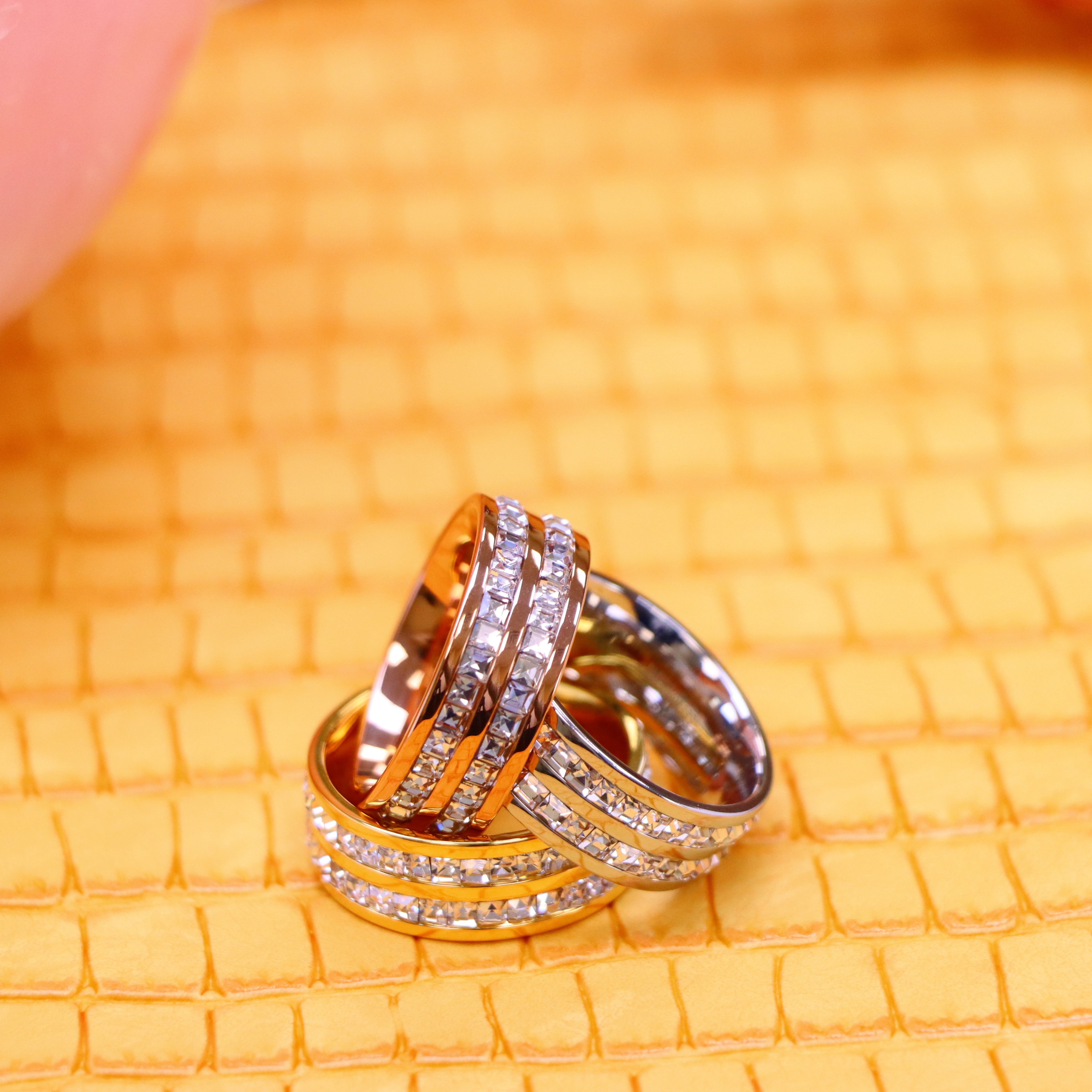 8mm Rose Gold IP Plated//Yellow Gold IP/Unplated Titanium Ring with Double Row Princess Cut Eternity CZ - Labhu USA