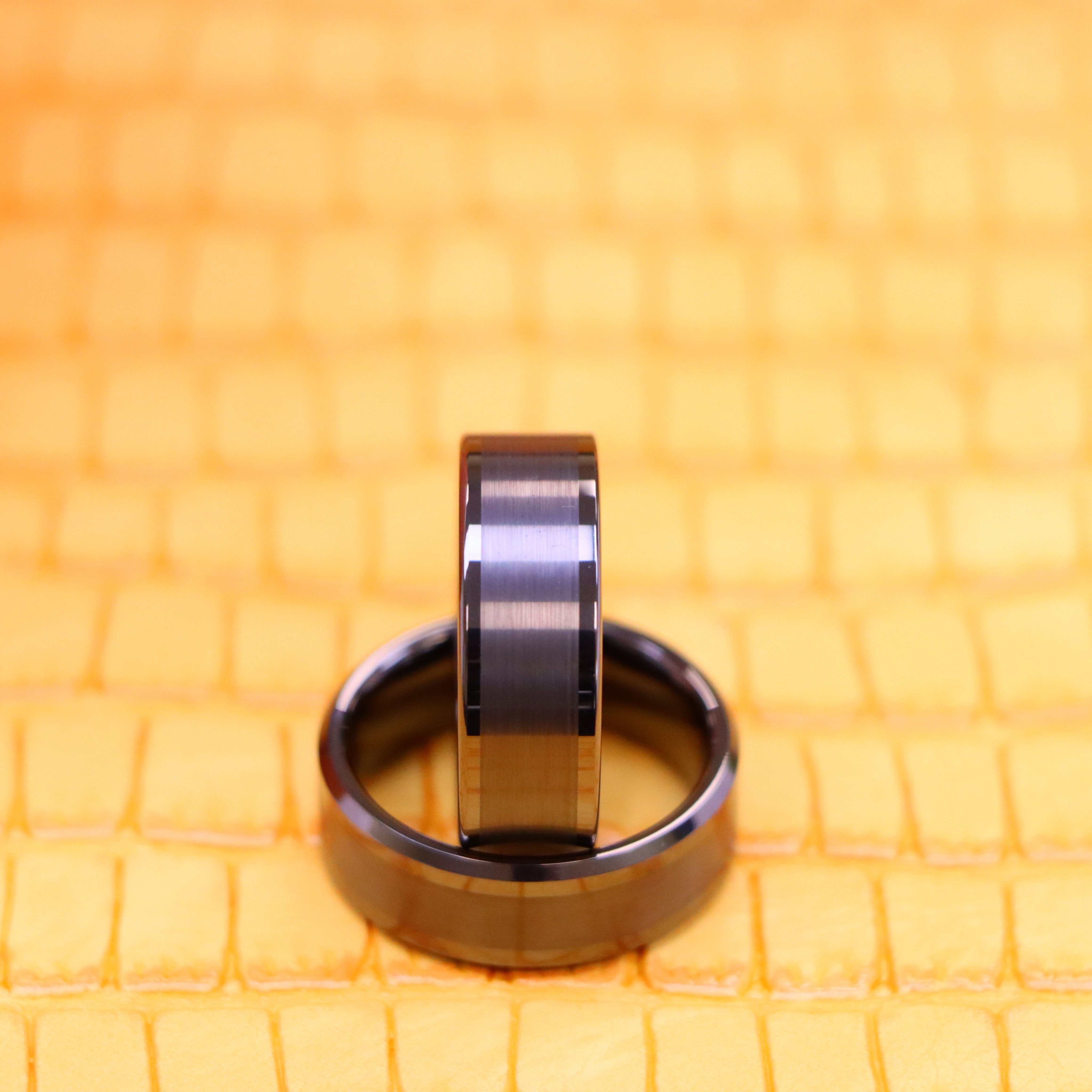 8mm Gun Metal IP Plated Pipe Cut Brushed Center Shiny Lines Beveled Edge/Flat Edge Tungsten Ring - Labhu USA