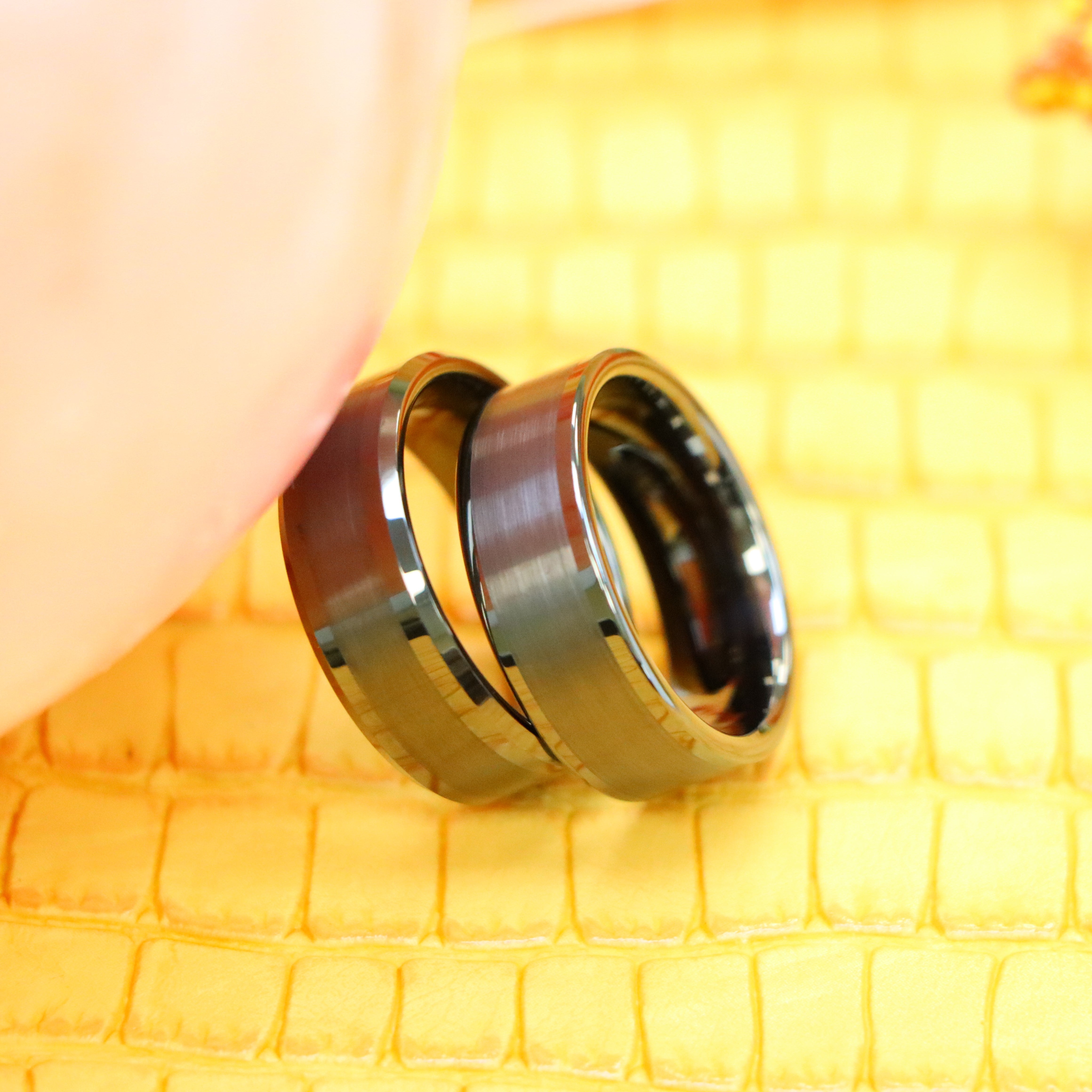 8mm Gun Metal IP Plated Pipe Cut Brushed Center Shiny Lines Beveled Edge/Flat Edge Tungsten Ring - Labhu USA
