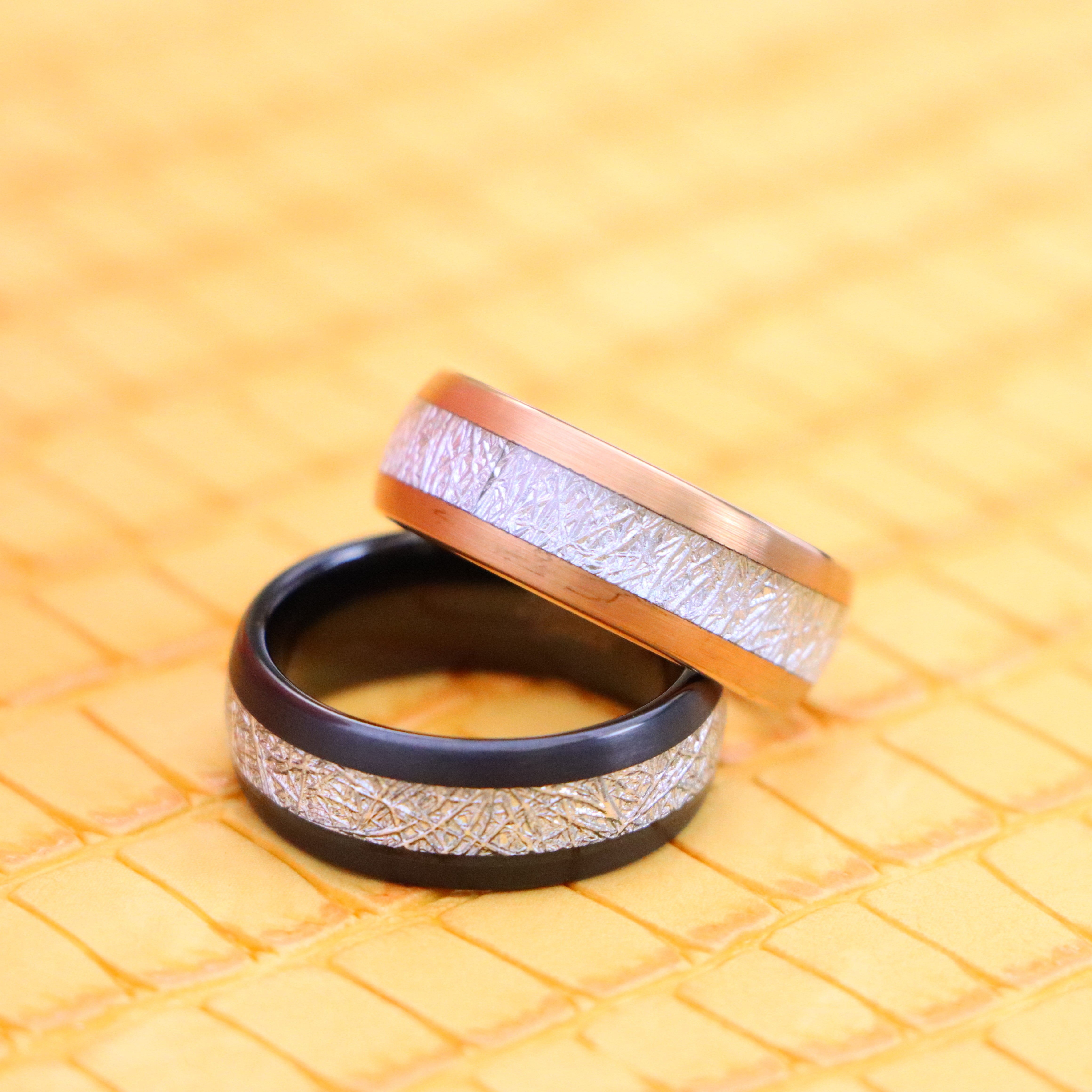 8mm Semi-Domed Black IP/Rose Gold IP Plated Tungsten Ring with Imitation Meteorite Inlay - Labhu USA