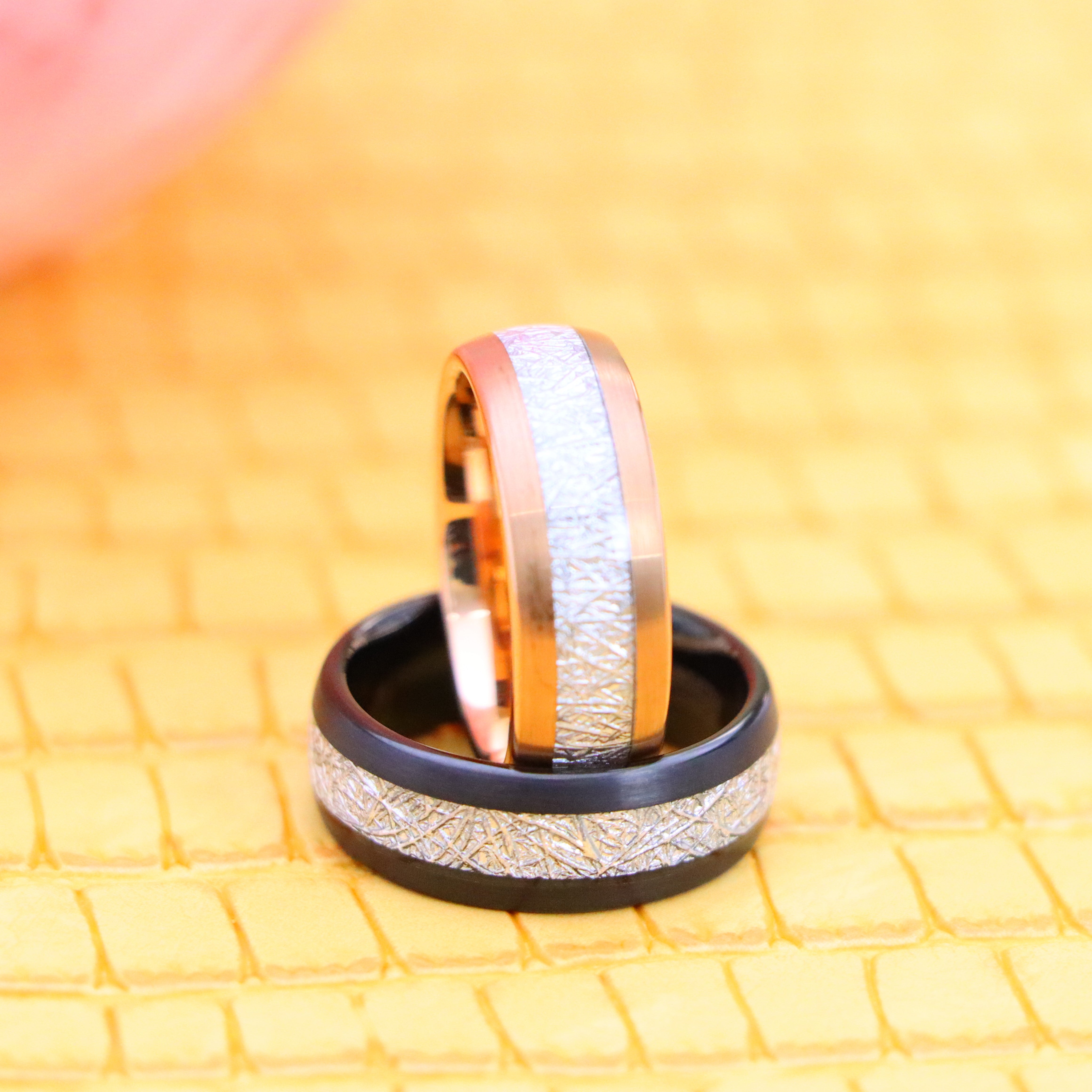 8mm Semi-Domed Black IP/Rose Gold IP Plated Tungsten Ring with Imitation Meteorite Inlay - Labhu USA