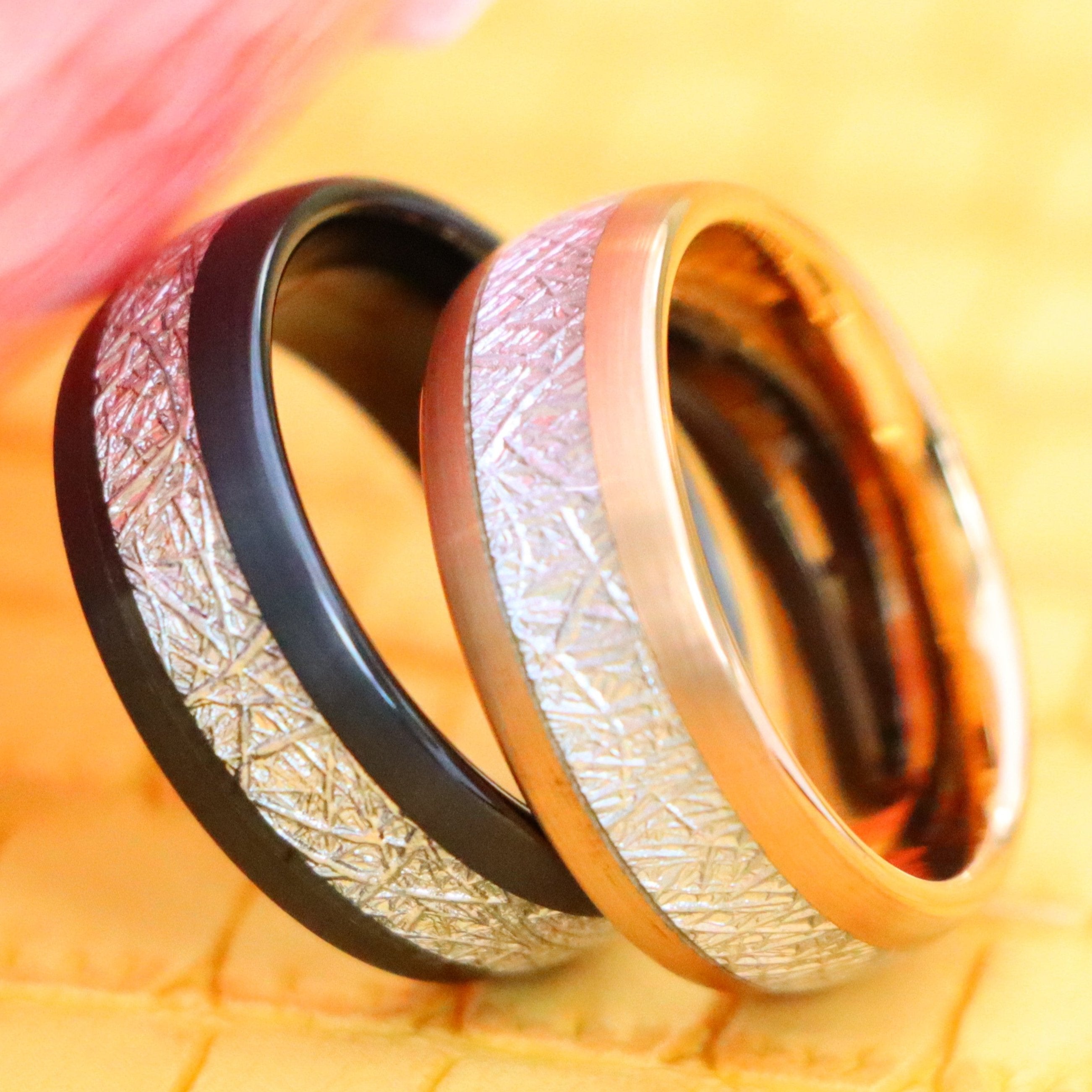 8mm Semi-Domed Black IP/Rose Gold IP Plated Tungsten Ring with Imitation Meteorite Inlay - Labhu USA
