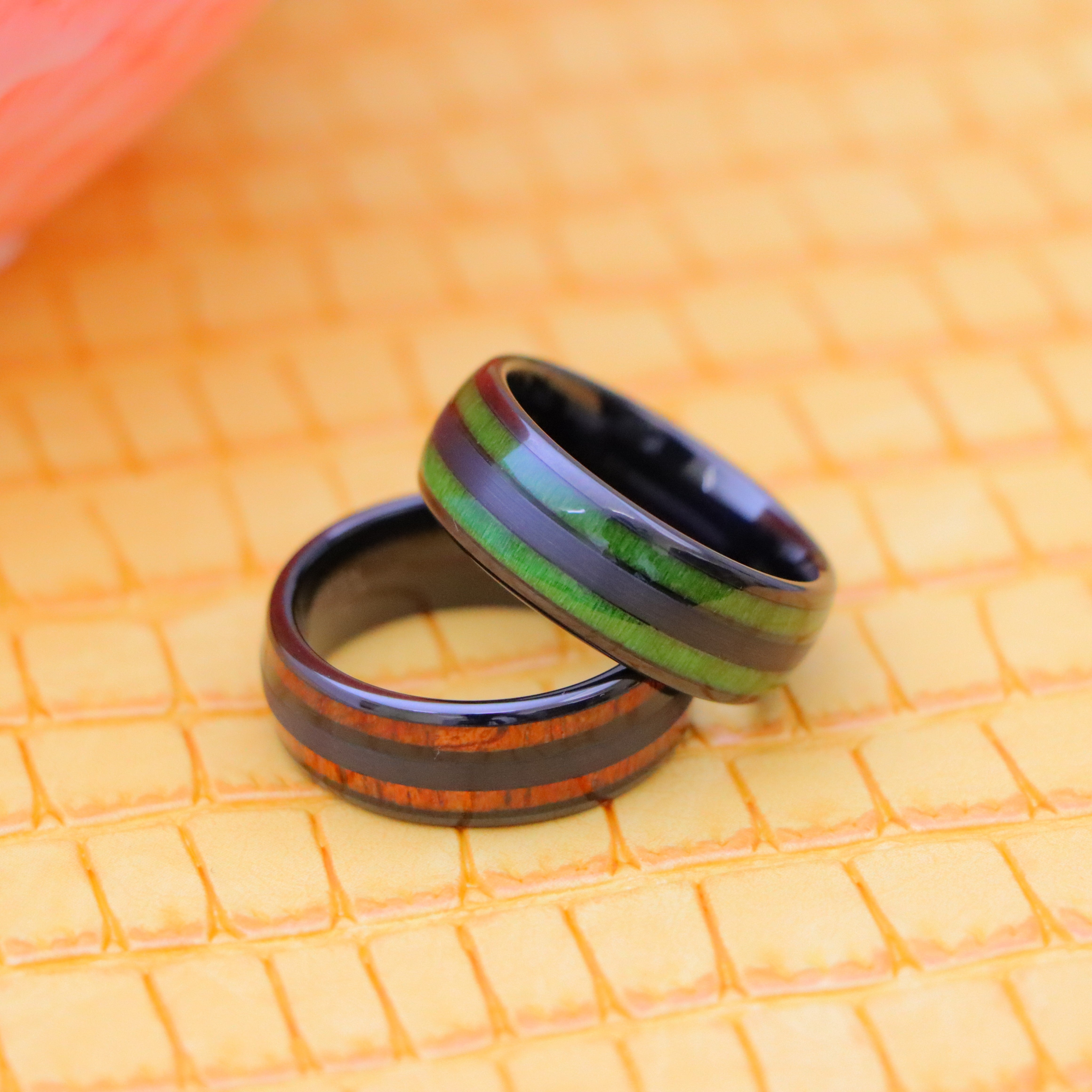 8mm Tungsten Ring Black IP & Koa Wood Inlay / Jade Wood Inlay - Labhu USA