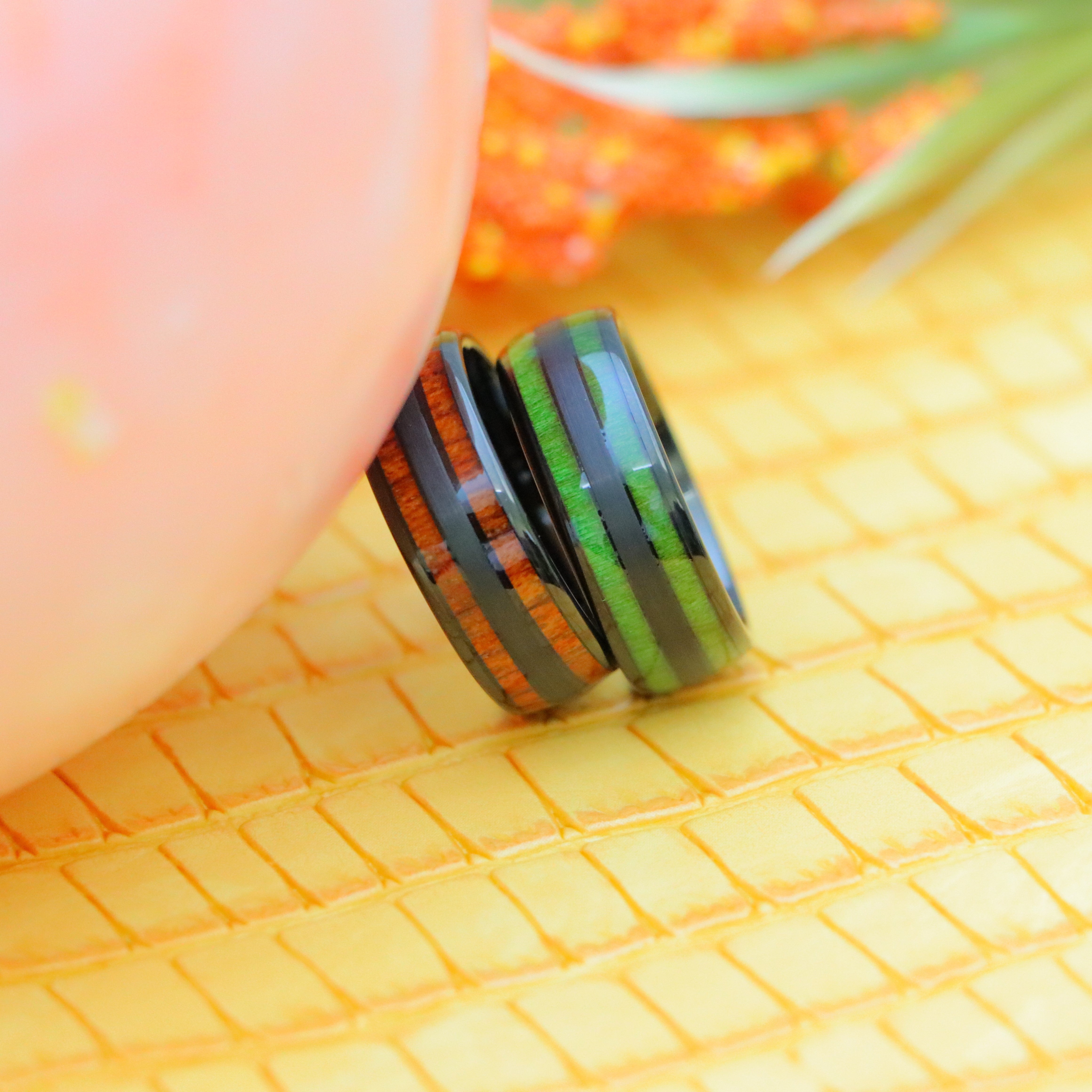 8mm Tungsten Ring Black IP & Koa Wood Inlay / Jade Wood Inlay - Labhu USA