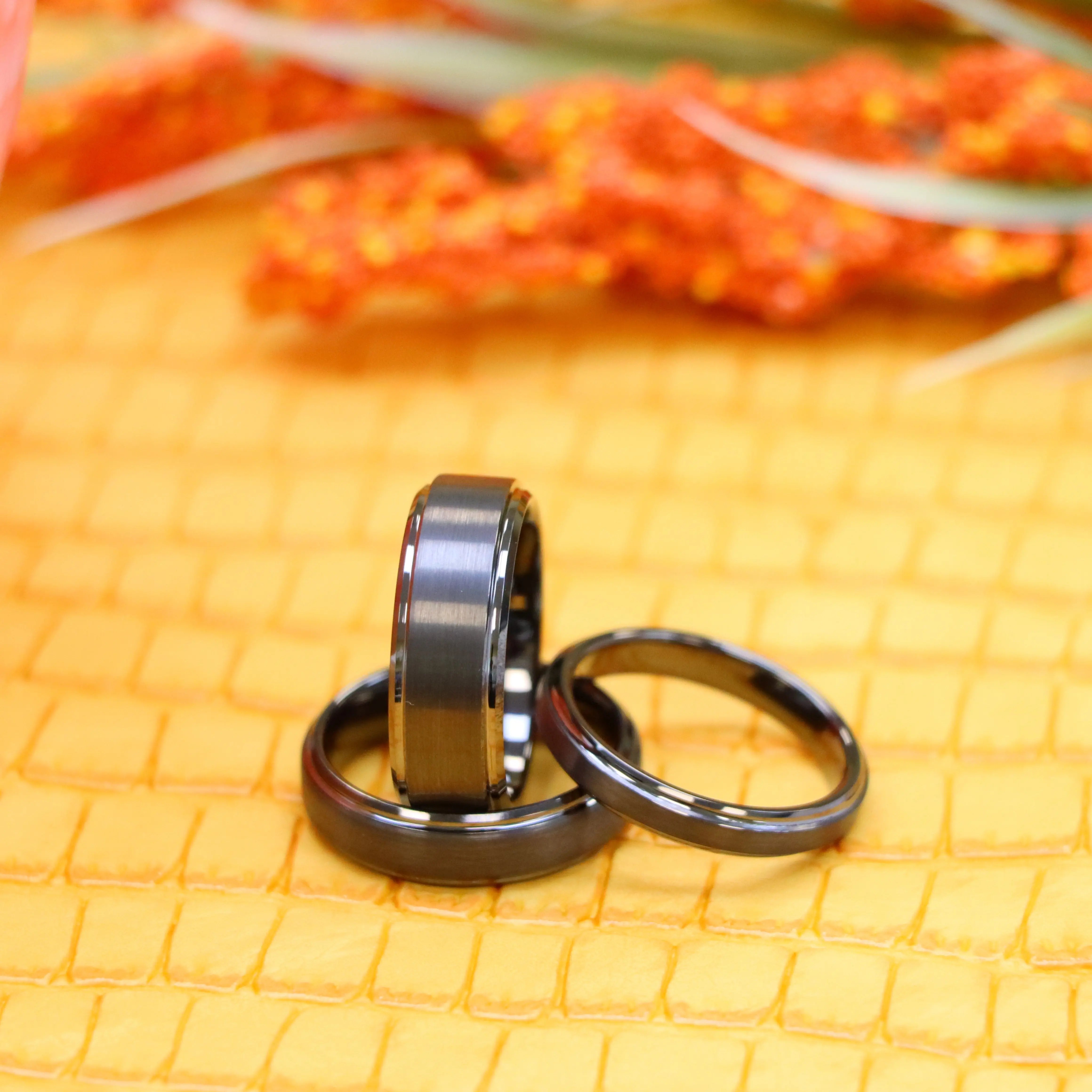 Gun Metal IP Plated Brushed Center High Polish Stepped Edge 8mm/6mm/4mm Tungsten Ring - Labhu USA