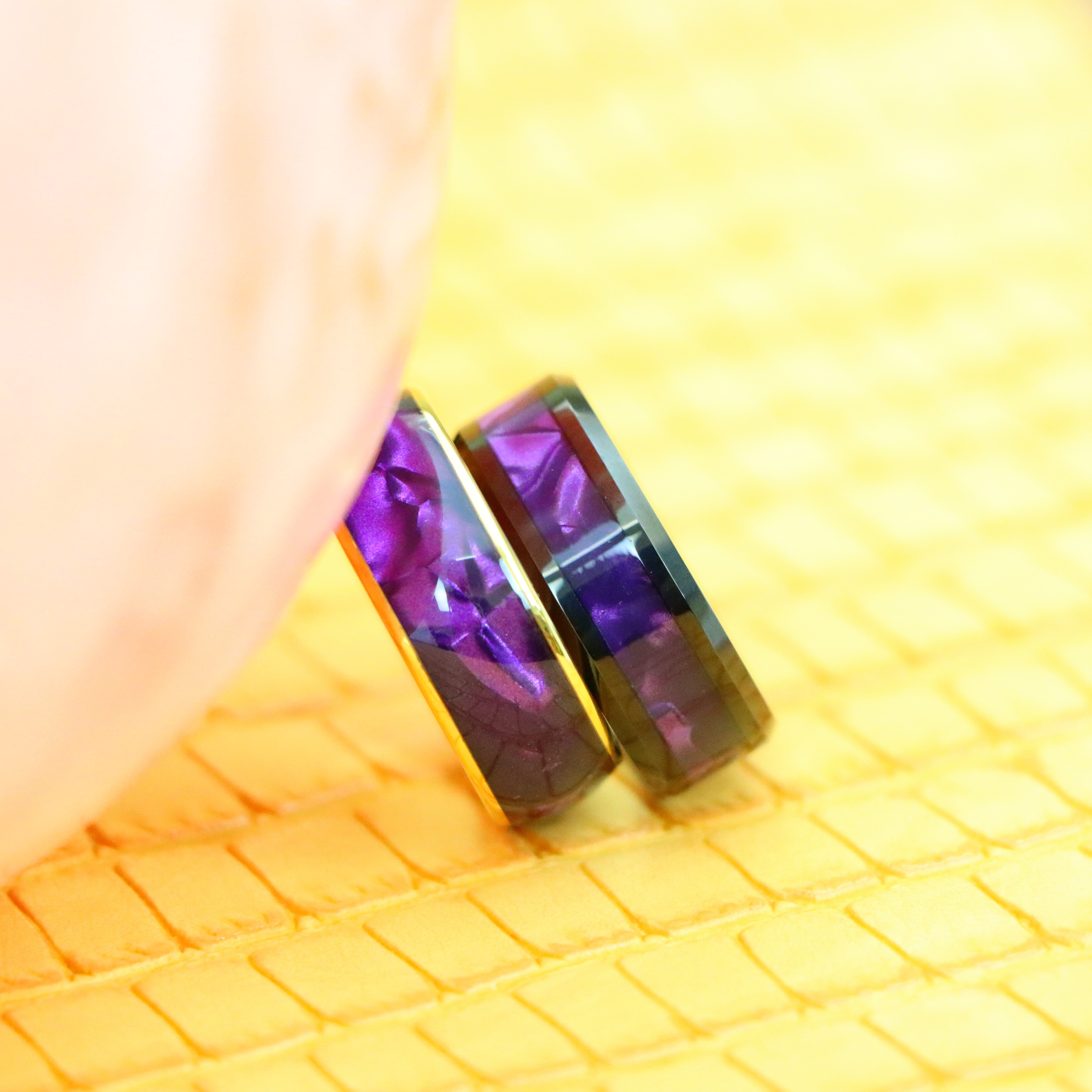 8mm Yellow Gold IP/Black IP Plated with Imitation Purple Cowrie Inlay Tungsten Ring - Men's Tungsten Jewelry Labhu USA
