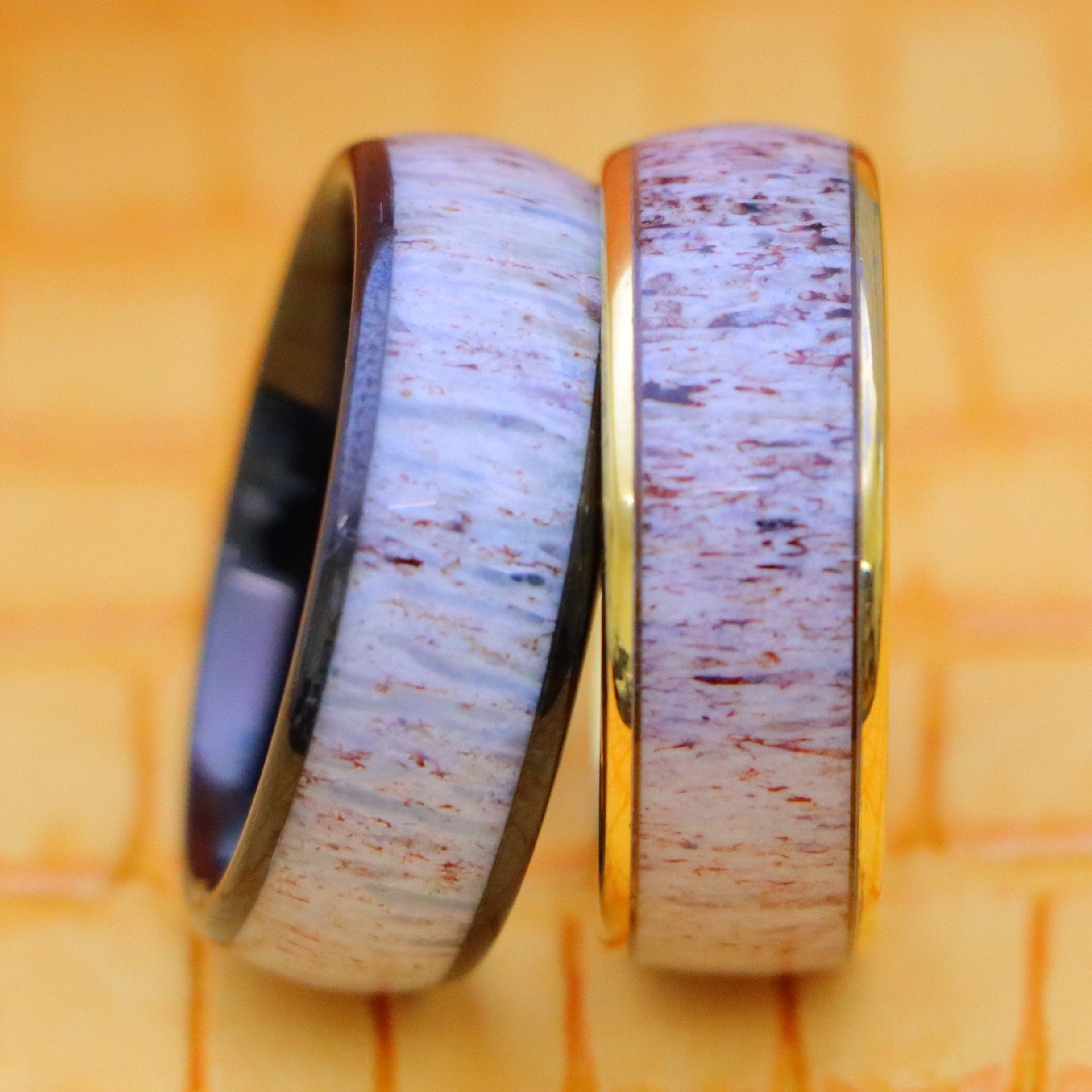 8mm Domed Yellow Gold IP/Black IP Plated Tungsten Ring with Real Deer Antler Inlay - Labhu USA