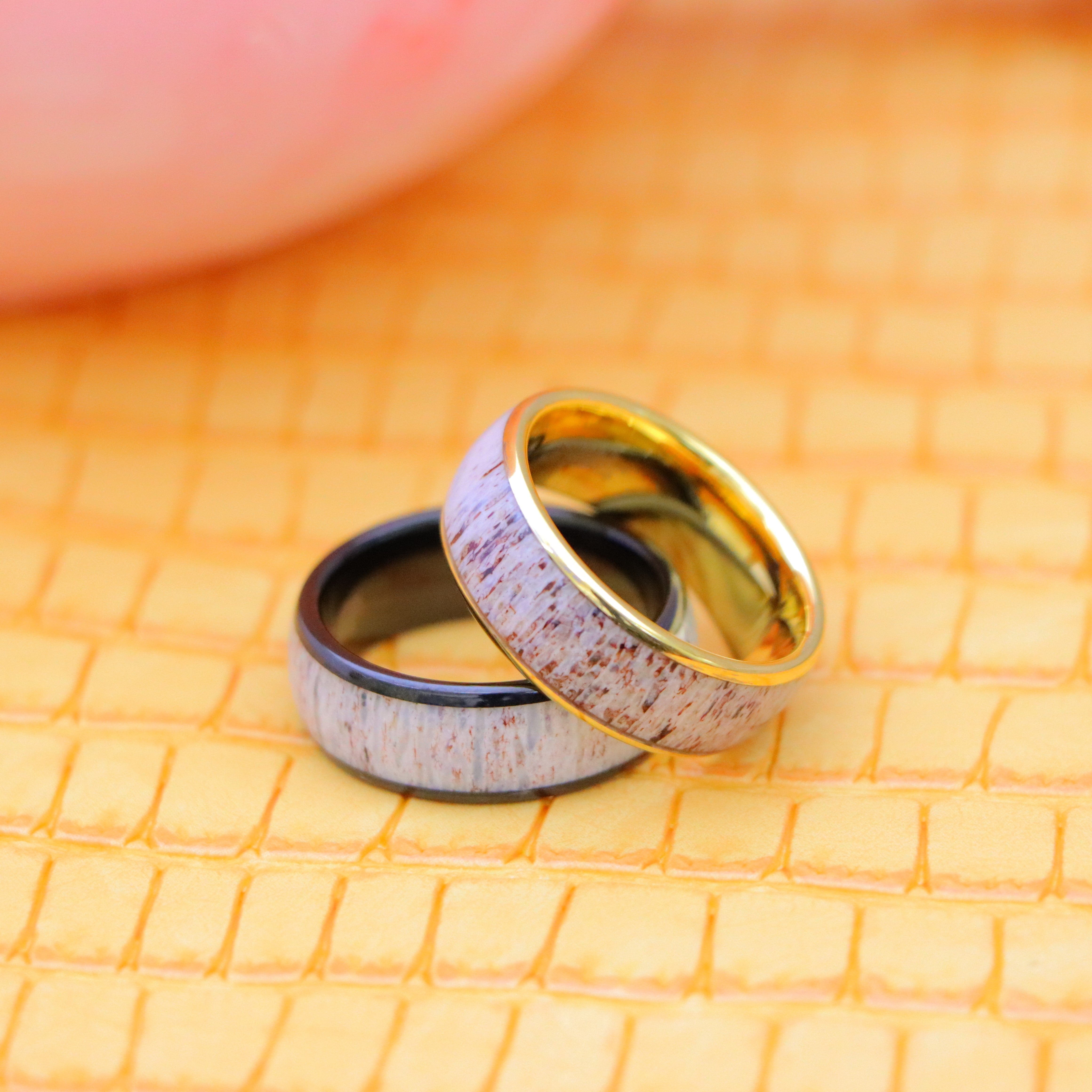8mm Domed Yellow Gold IP/Black IP Plated Tungsten Ring with Real Deer Antler Inlay - Labhu USA
