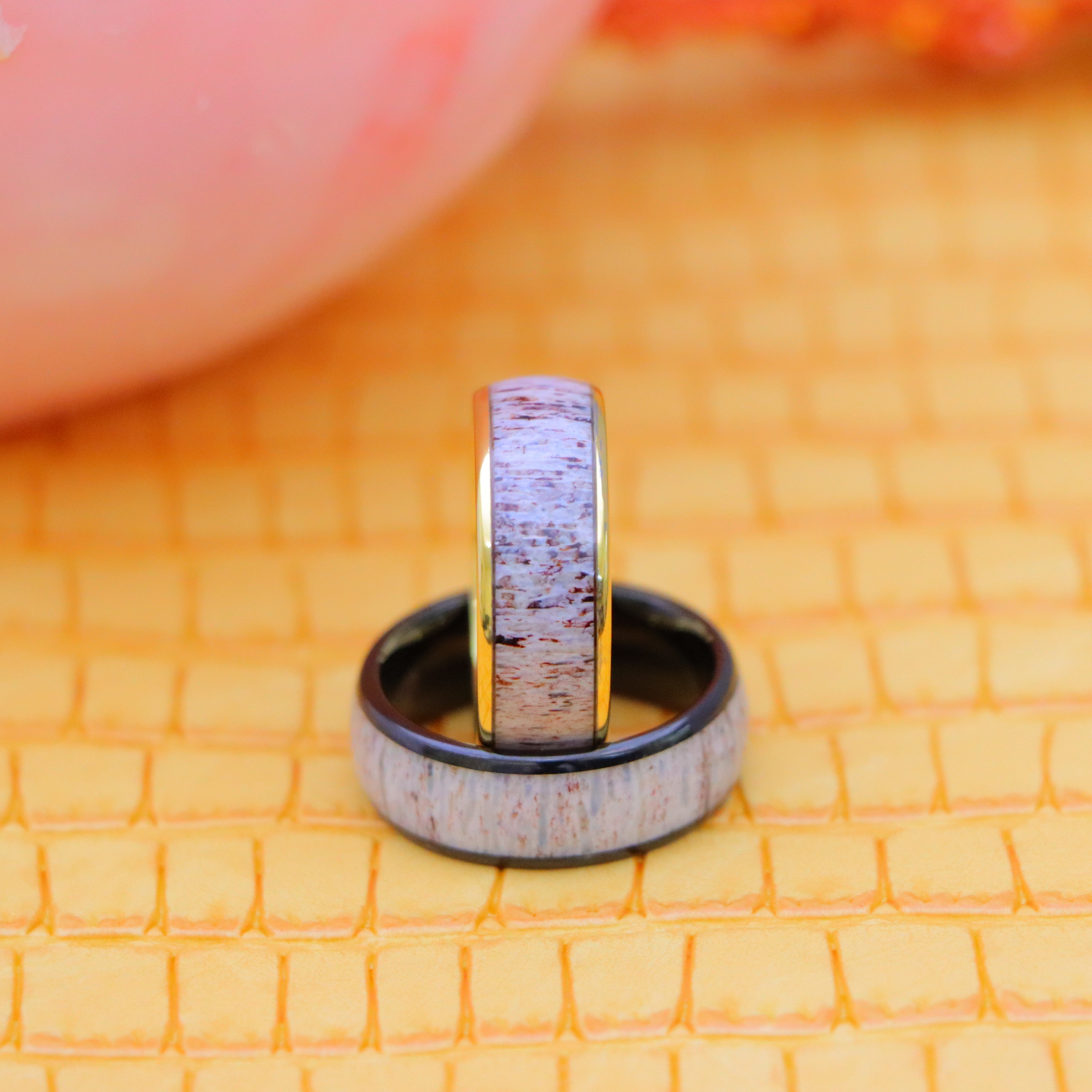 8mm Domed Yellow Gold IP/Black IP Plated Tungsten Ring with Real Deer Antler Inlay - Labhu USA