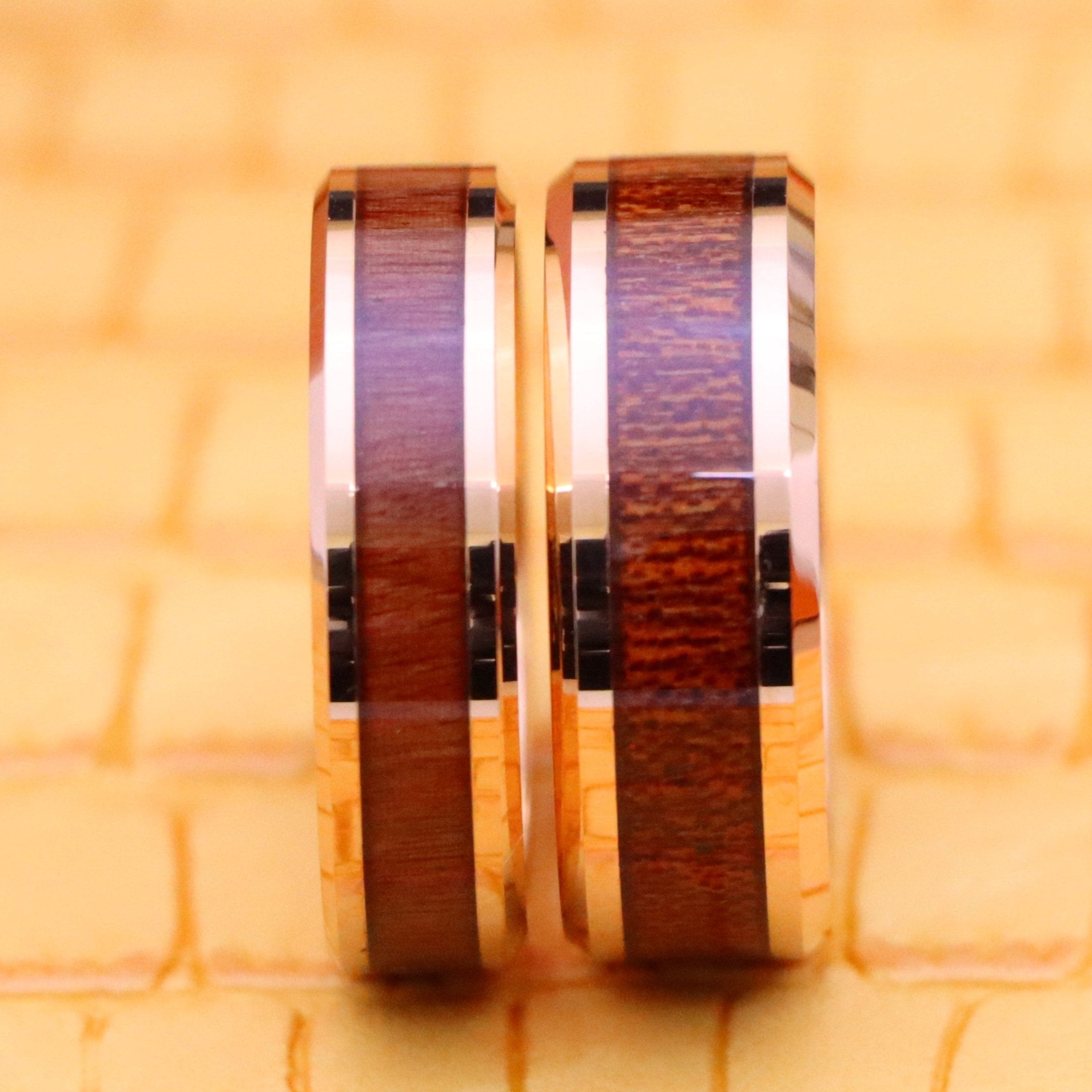 Rose Gold IP Plated with Hawaiian Koa Wood Inlay Shiny Beveled Edge Tungsten Ring - Labhu USA