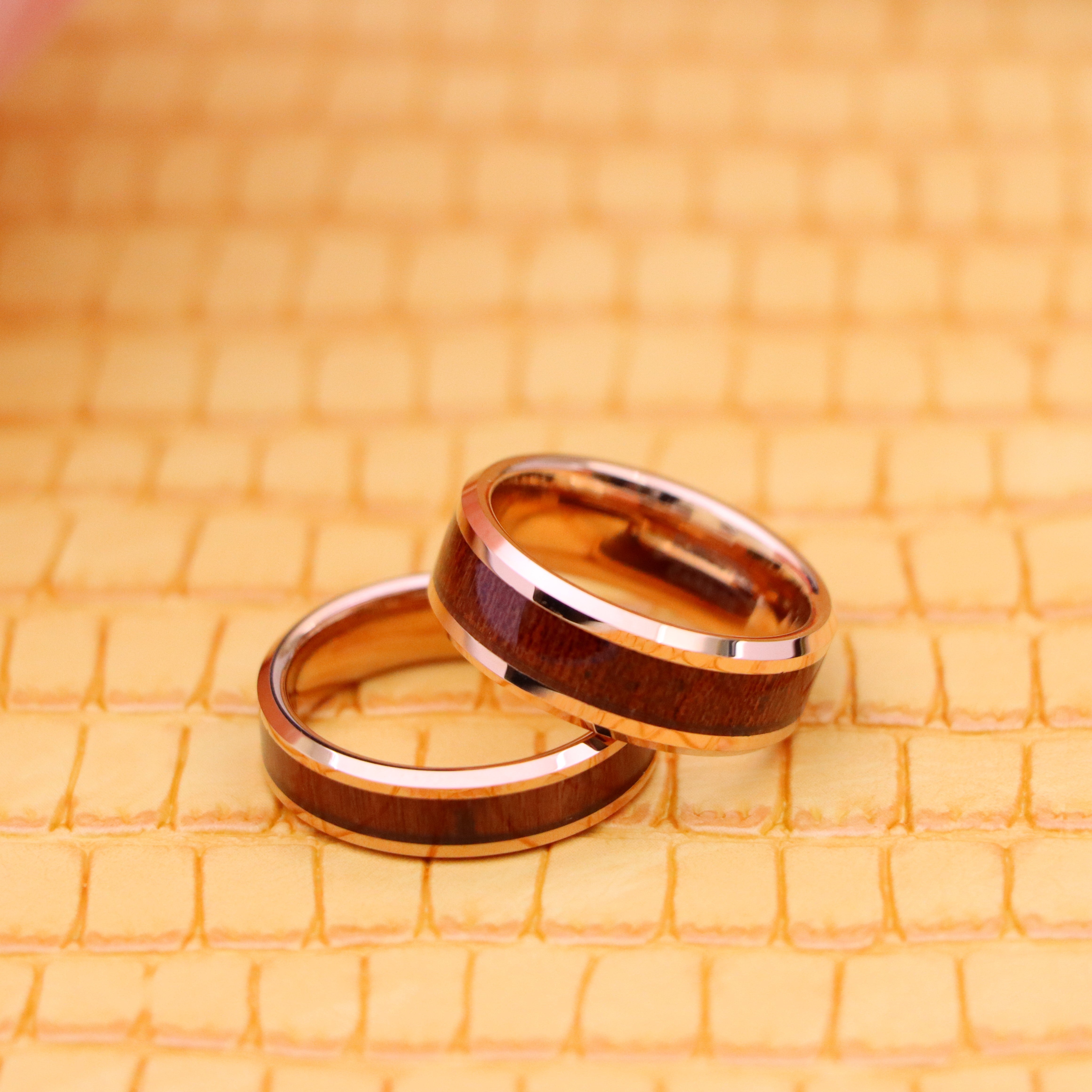Rose Gold IP Plated with Hawaiian Koa Wood Inlay Shiny Beveled Edge Tungsten Ring - Labhu USA
