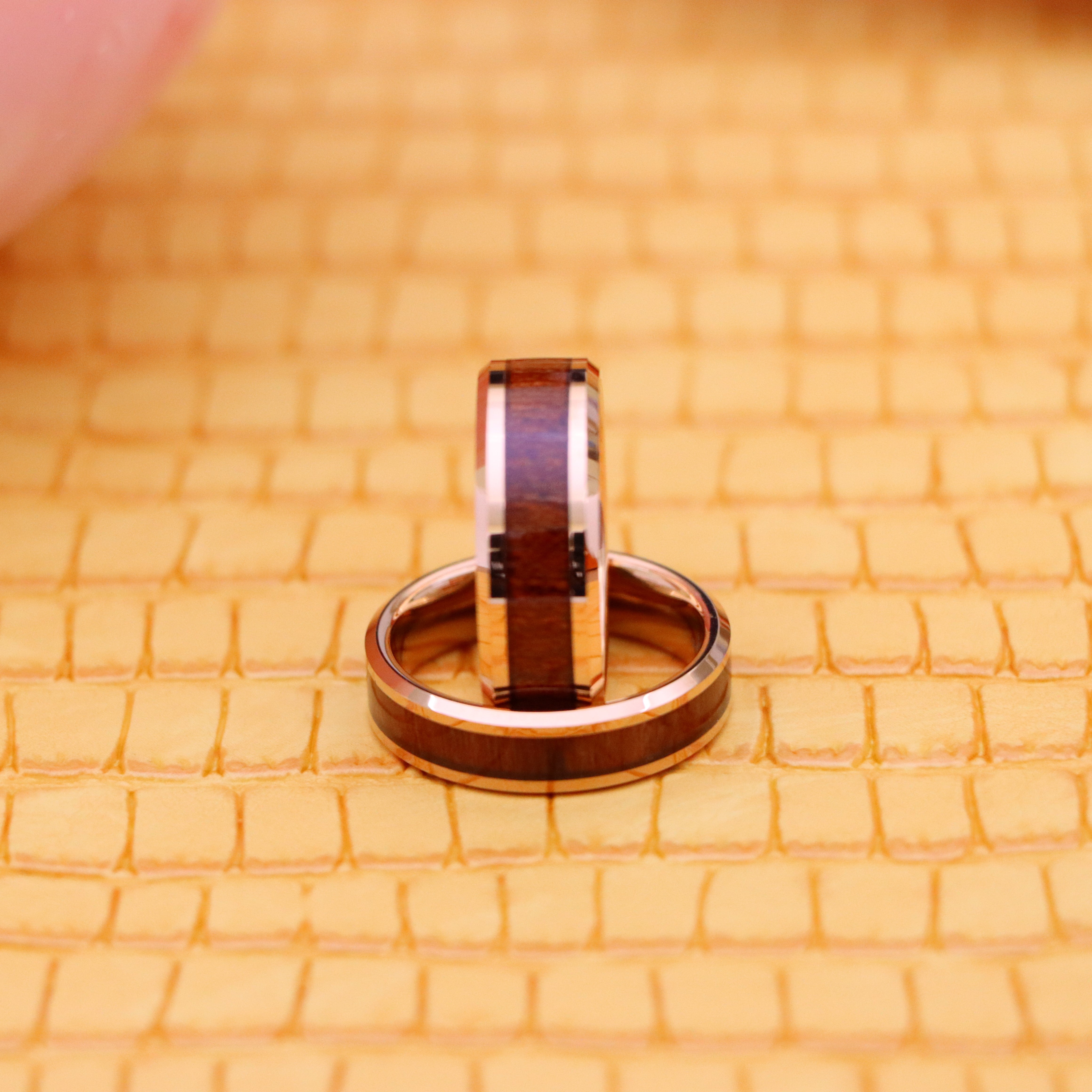 Rose Gold IP Plated with Hawaiian Koa Wood Inlay Shiny Beveled Edge Tungsten Ring - Labhu USA