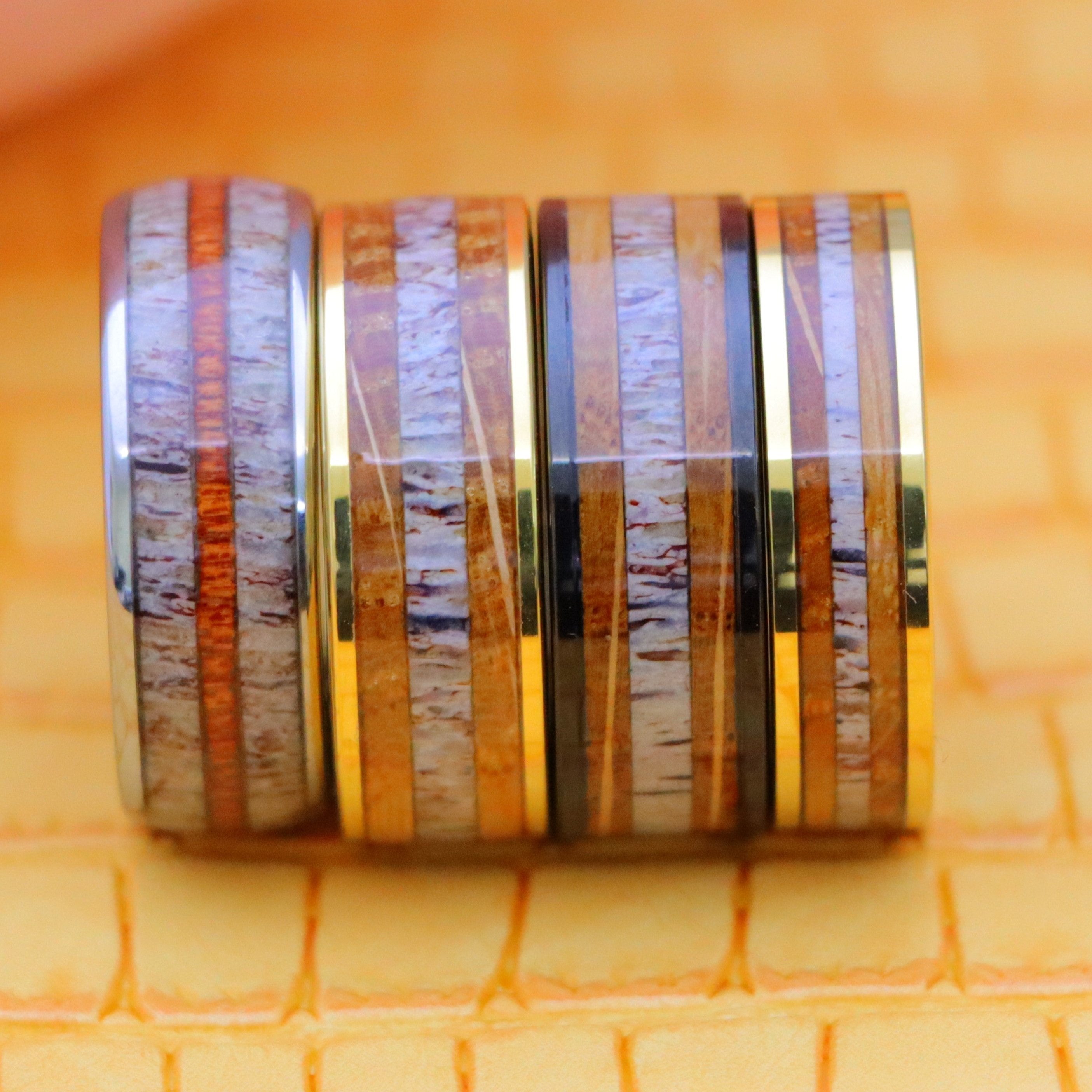 Yellow Gold/Silver/Black IP Plated Whiskey Barrel & Deer Antler Inlay Tungsten Ring - Men's Fashion Jewelry Labhu USA