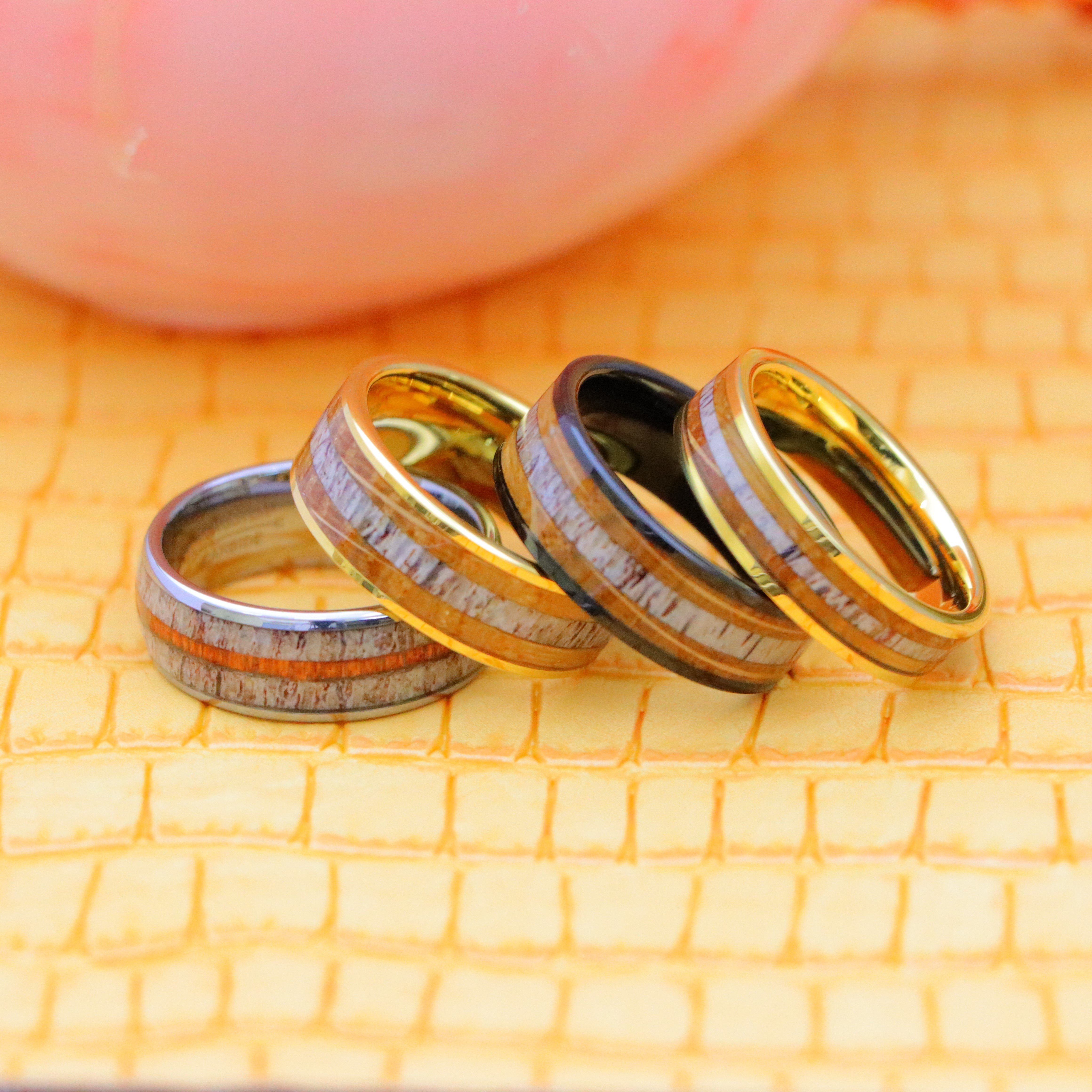 Yellow Gold/Silver/Black IP Plated Whiskey Barrel & Deer Antler Inlay Tungsten Ring - Men's Fashion Jewelry Labhu USA