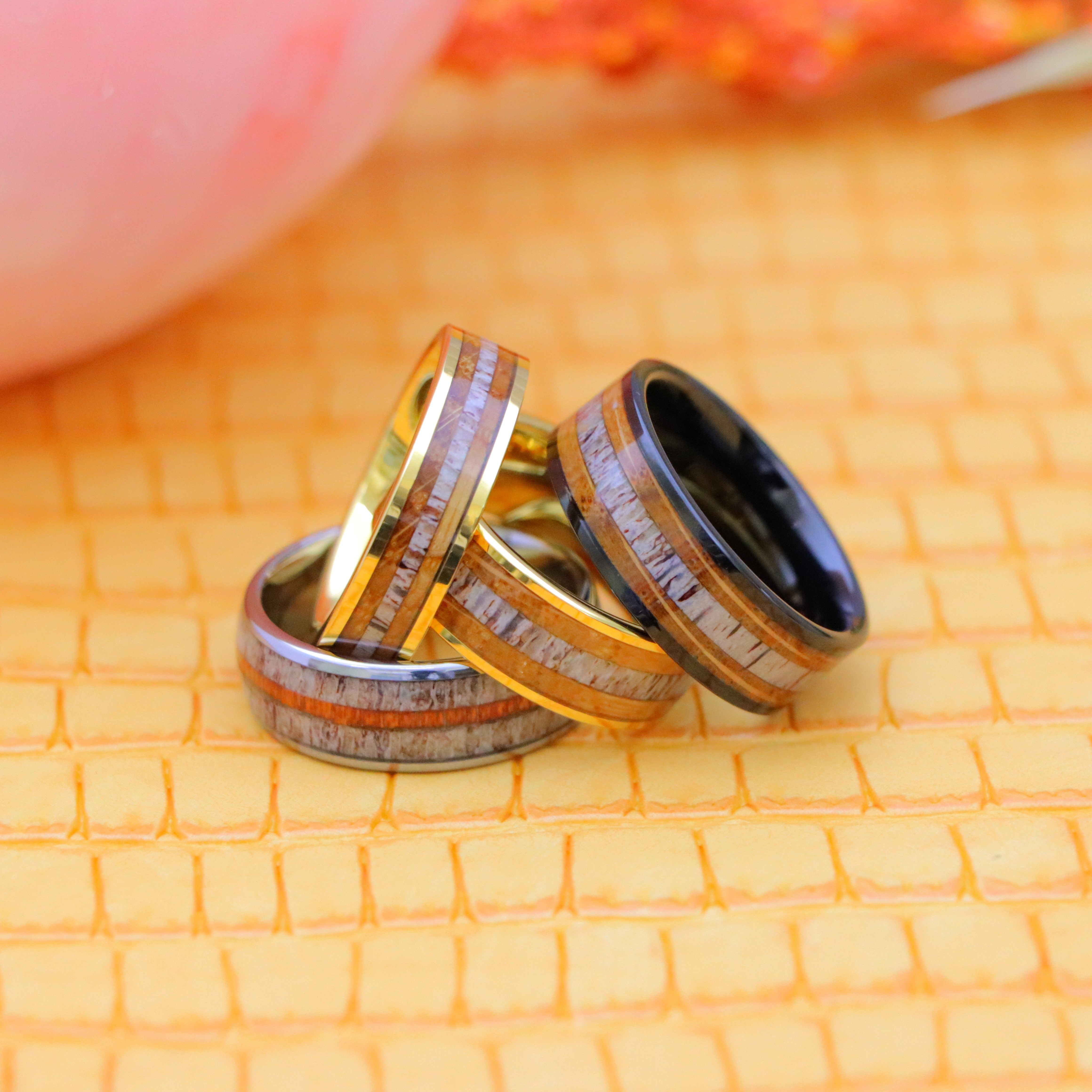 Yellow Gold/Silver/Black IP Plated Whiskey Barrel & Deer Antler Inlay Tungsten Ring - Men's Fashion Jewelry Labhu USA