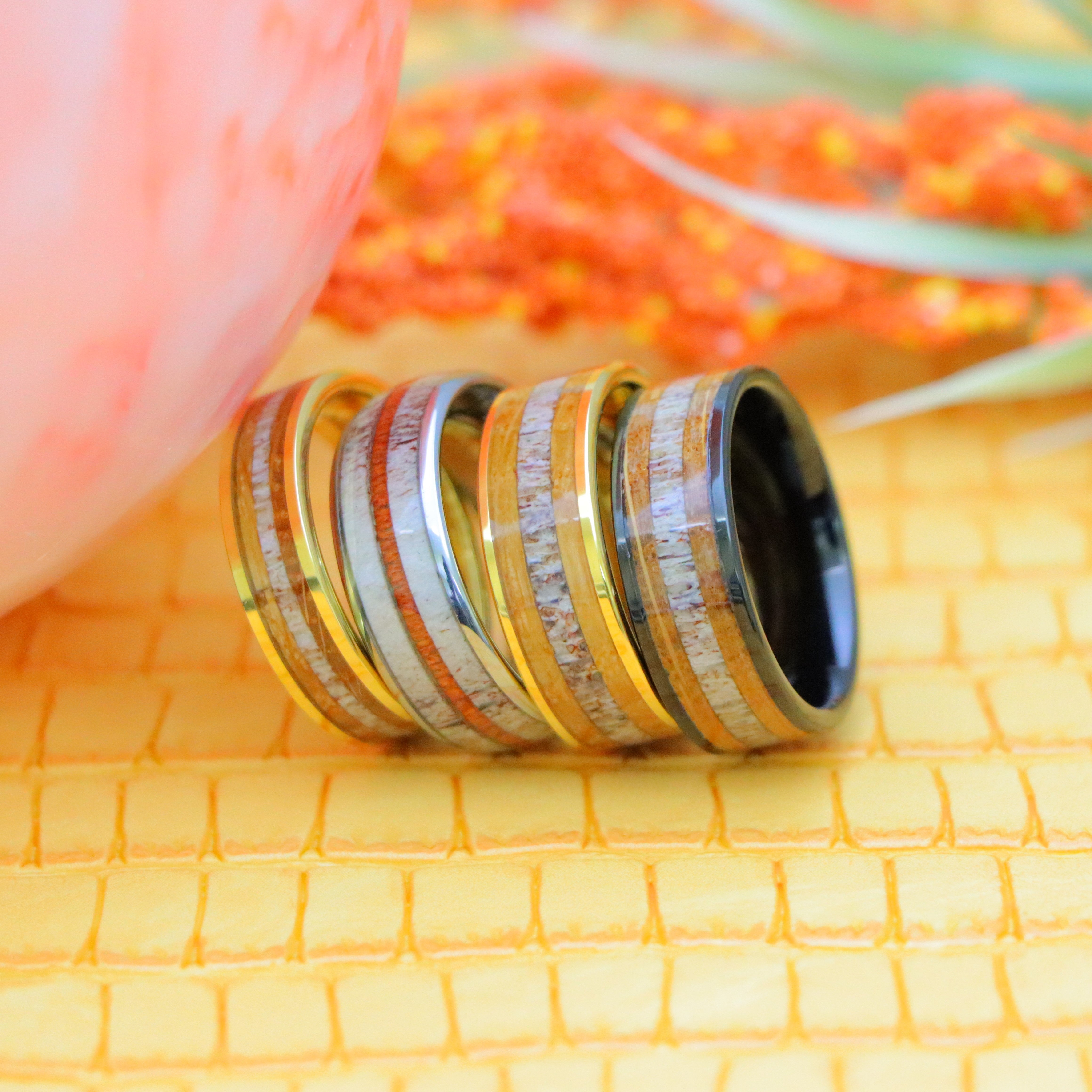 Yellow Gold/Silver/Black IP Plated Whiskey Barrel & Deer Antler Inlay Tungsten Ring - Men's Fashion Jewelry Labhu USA