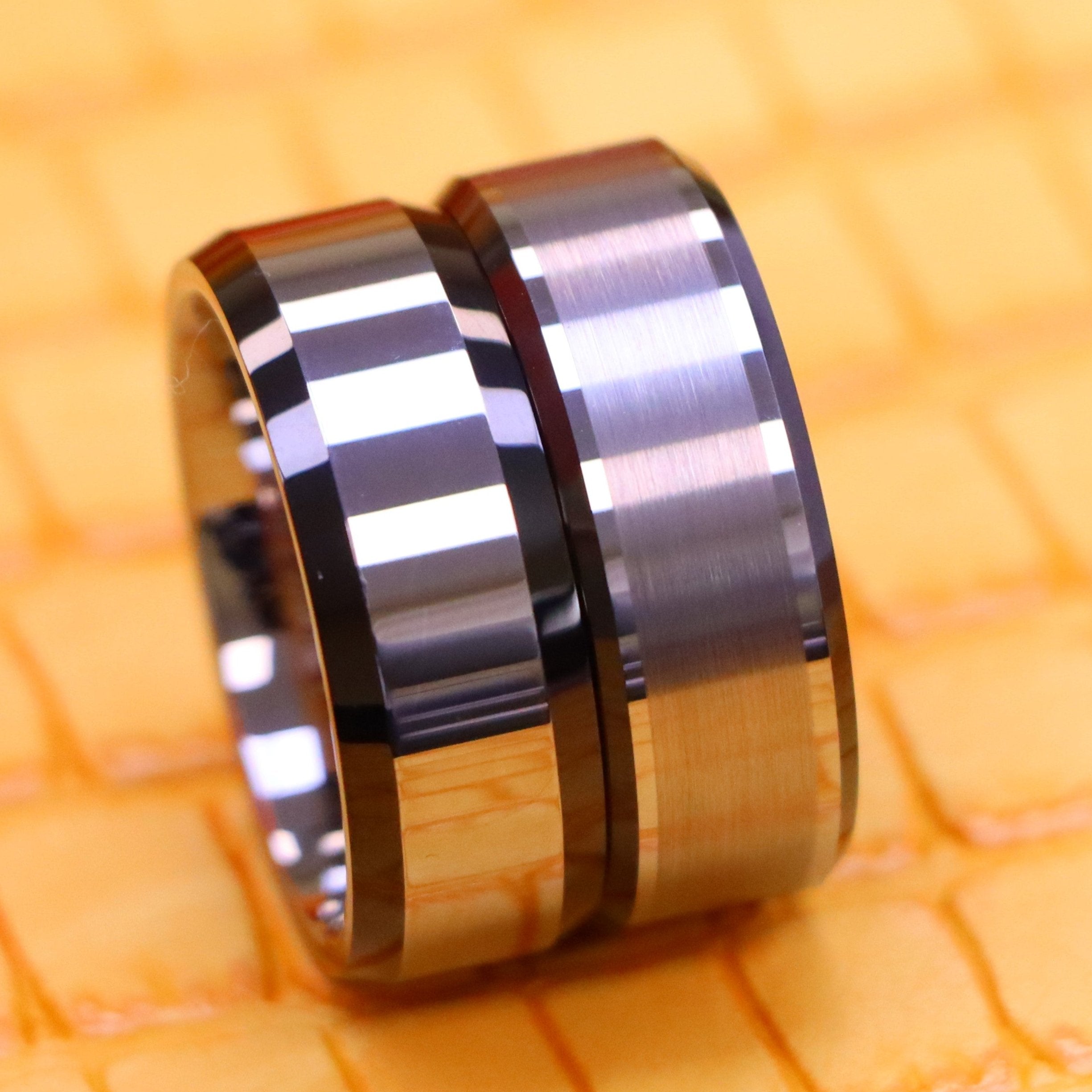 8mm Flat High Polish with Black IP Plated Beveled Edge Tungsten Ring Brushed Center Beveled Edge Tungsten Ring - Labhu USA