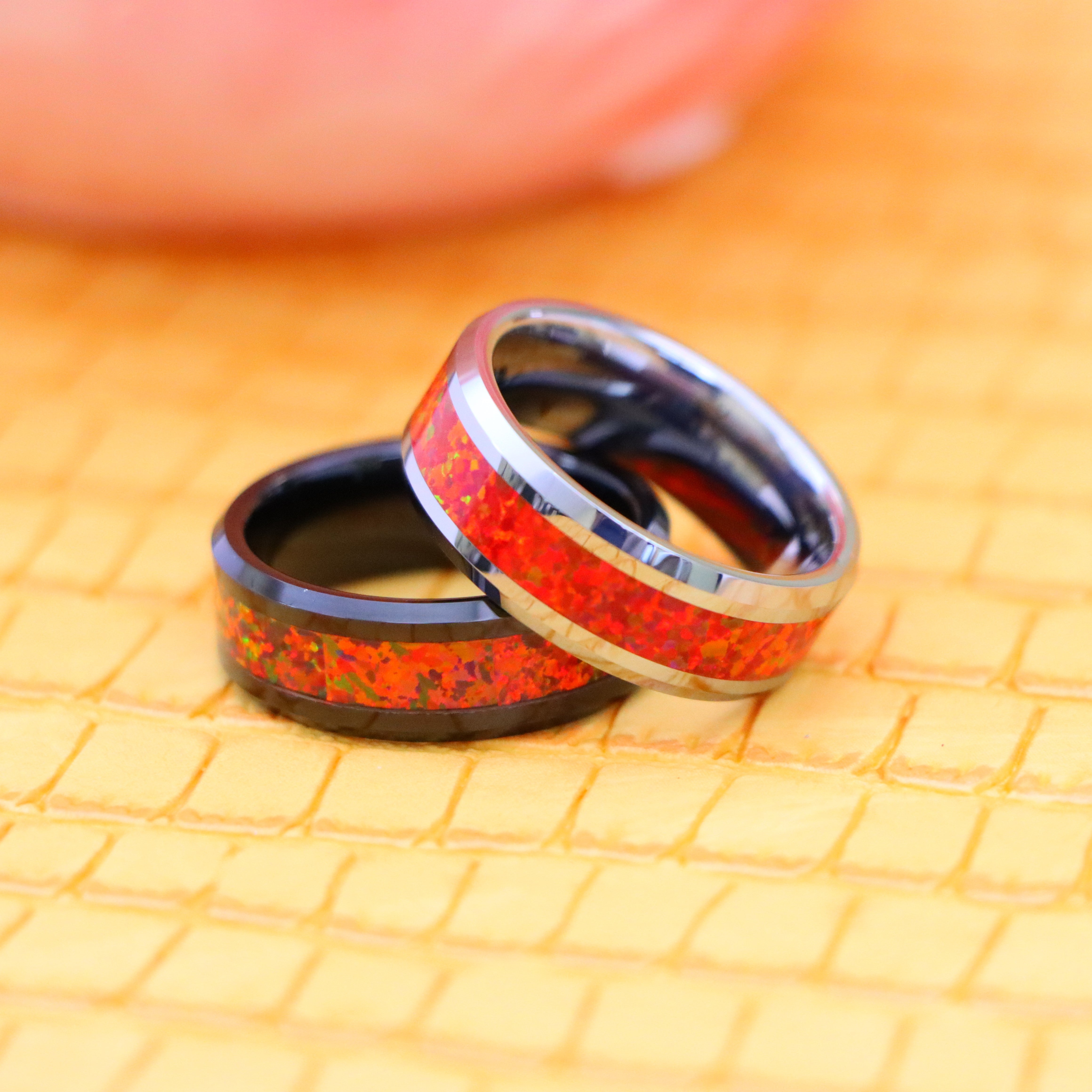 8mm Silver / Black IP Plated Synthetic Red Fire Opal Inlay Beveled Edge Tungsten Ring - Labhu USA