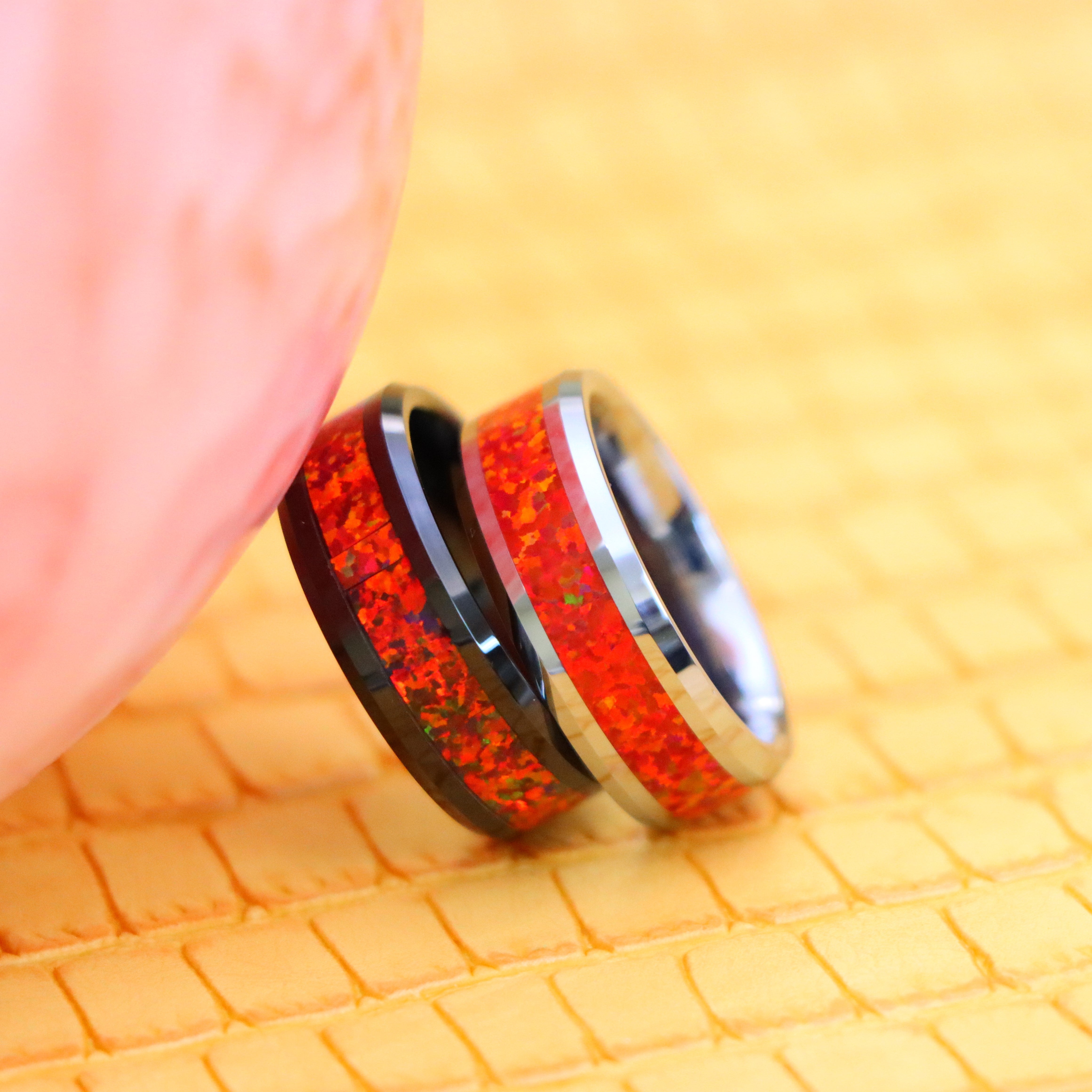 8mm Silver / Black IP Plated Synthetic Red Fire Opal Inlay Beveled Edge Tungsten Ring - Labhu USA