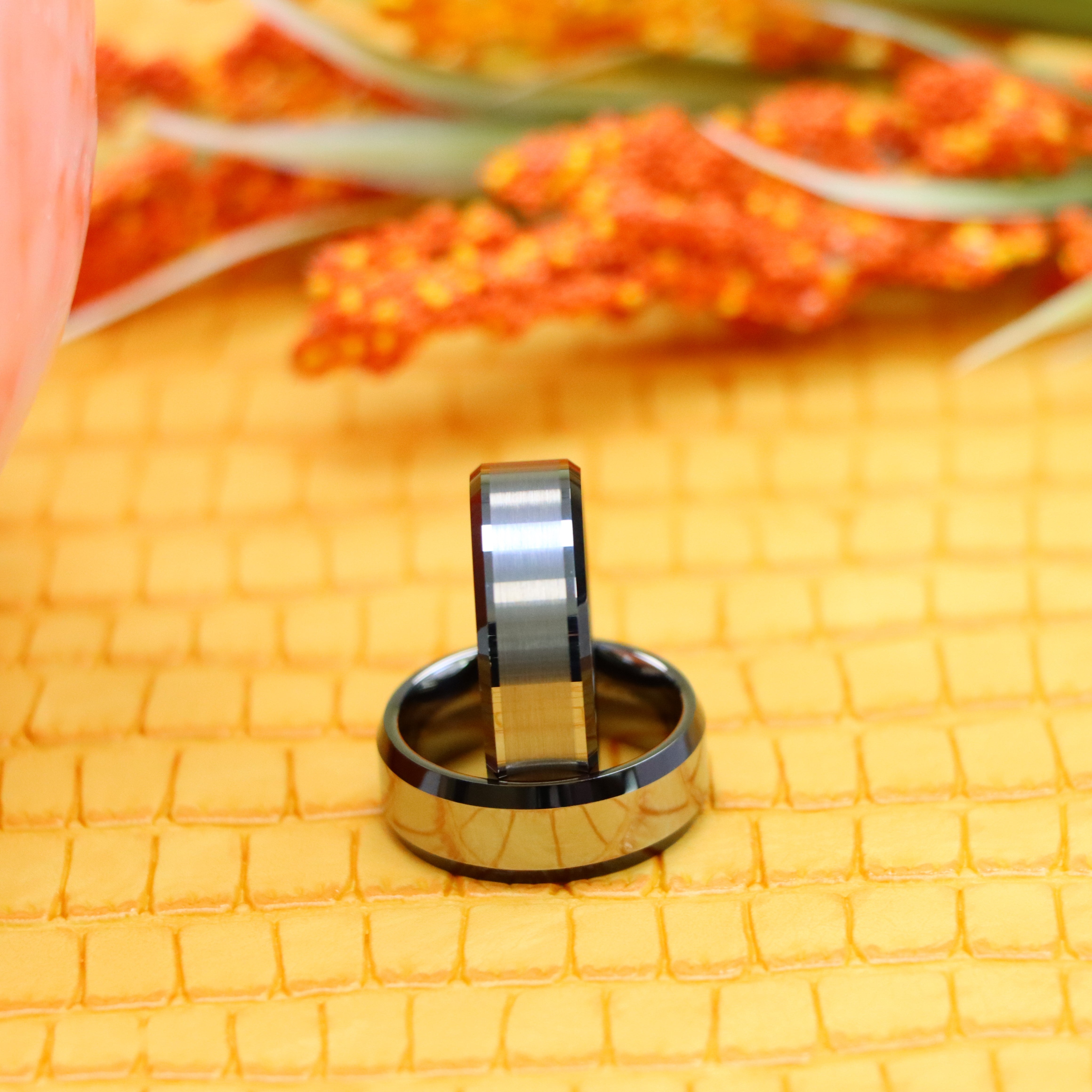 8mm Flat High Polish with Black IP Plated Beveled Edge Tungsten Ring Brushed Center Beveled Edge Tungsten Ring - Labhu USA