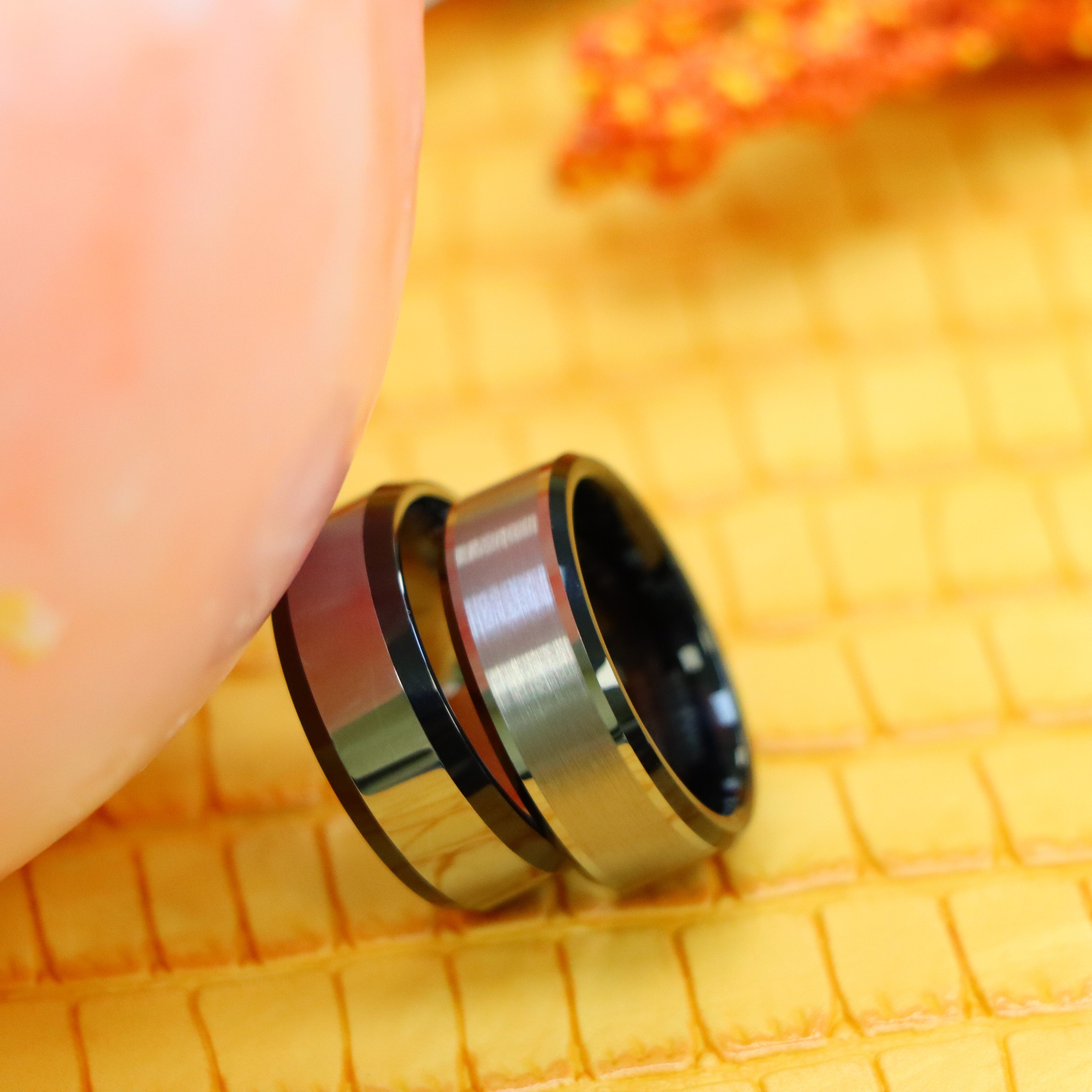 8mm Flat High Polish with Black IP Plated Beveled Edge Tungsten Ring Brushed Center Beveled Edge Tungsten Ring - Labhu USA