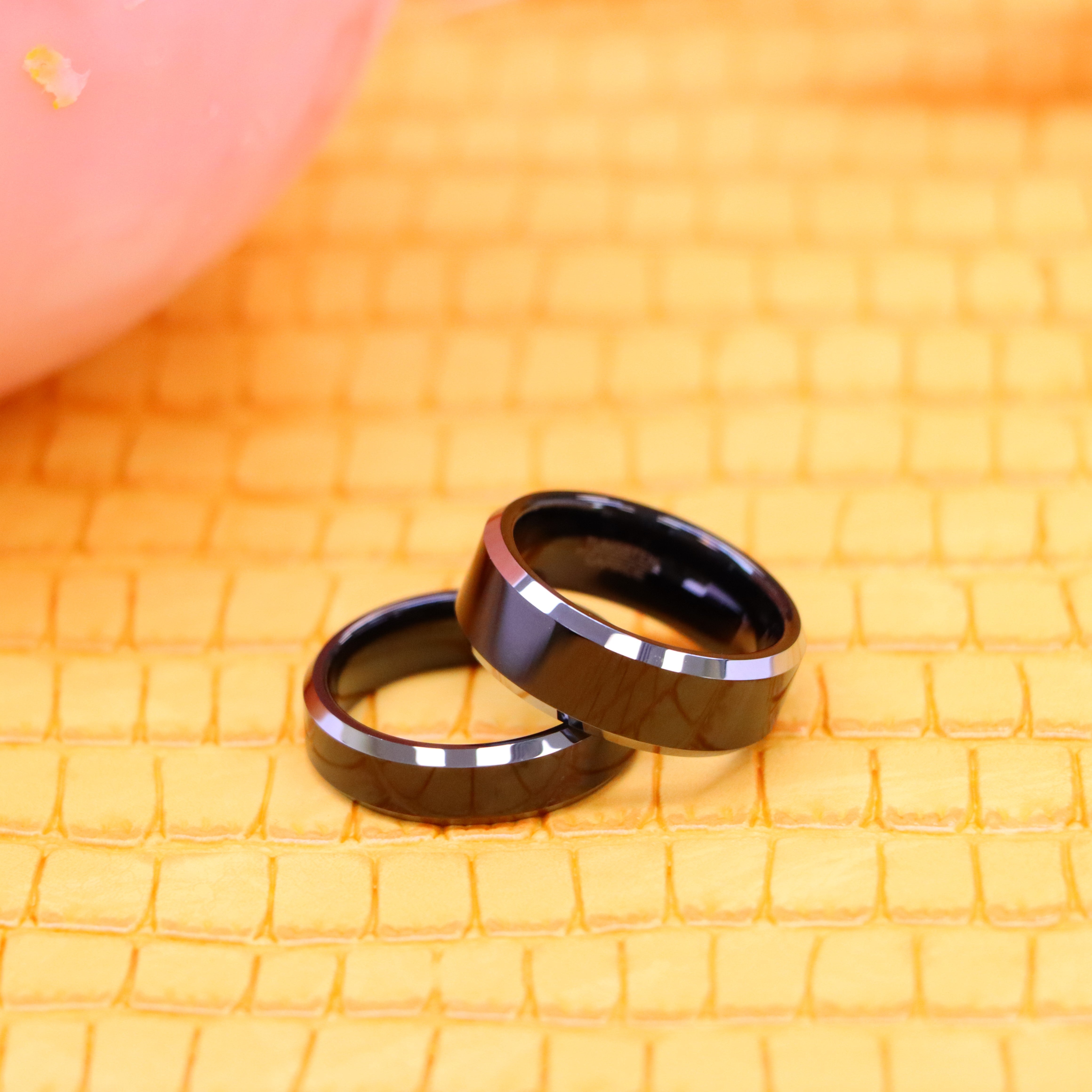 Black IP Plated Center High Polished Steel Color Beveled Edge Tungsten Ring - Labhu USA