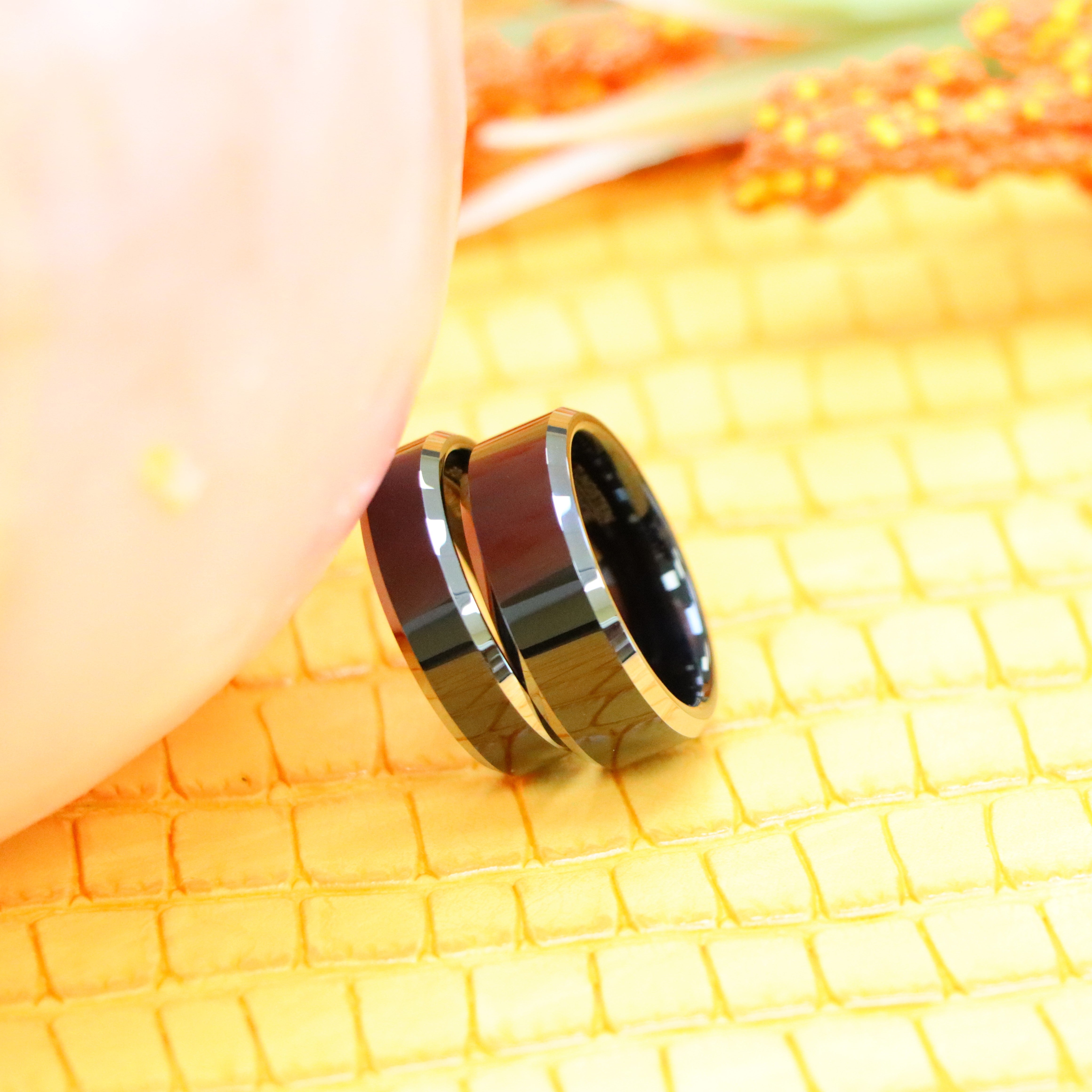 Black IP Plated Center High Polished Steel Color Beveled Edge Tungsten Ring - Labhu USA
