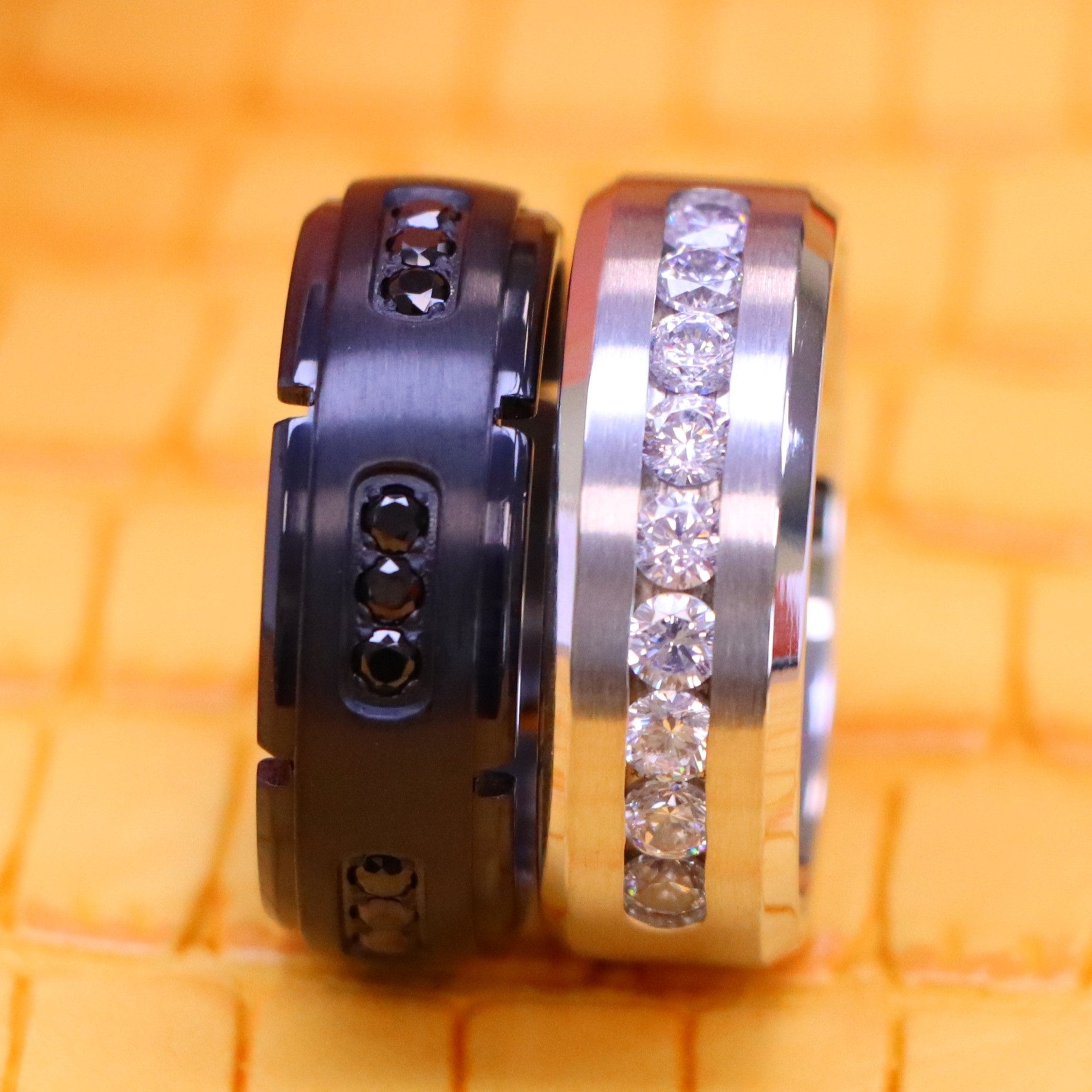 8mm White Titanium Ring Brushed Center Shiny Beveled Edge with 9 Channel Set CZs Titanium Ring Black IP Plated Titanium Ring with 18 Black CZs - Labhu USA