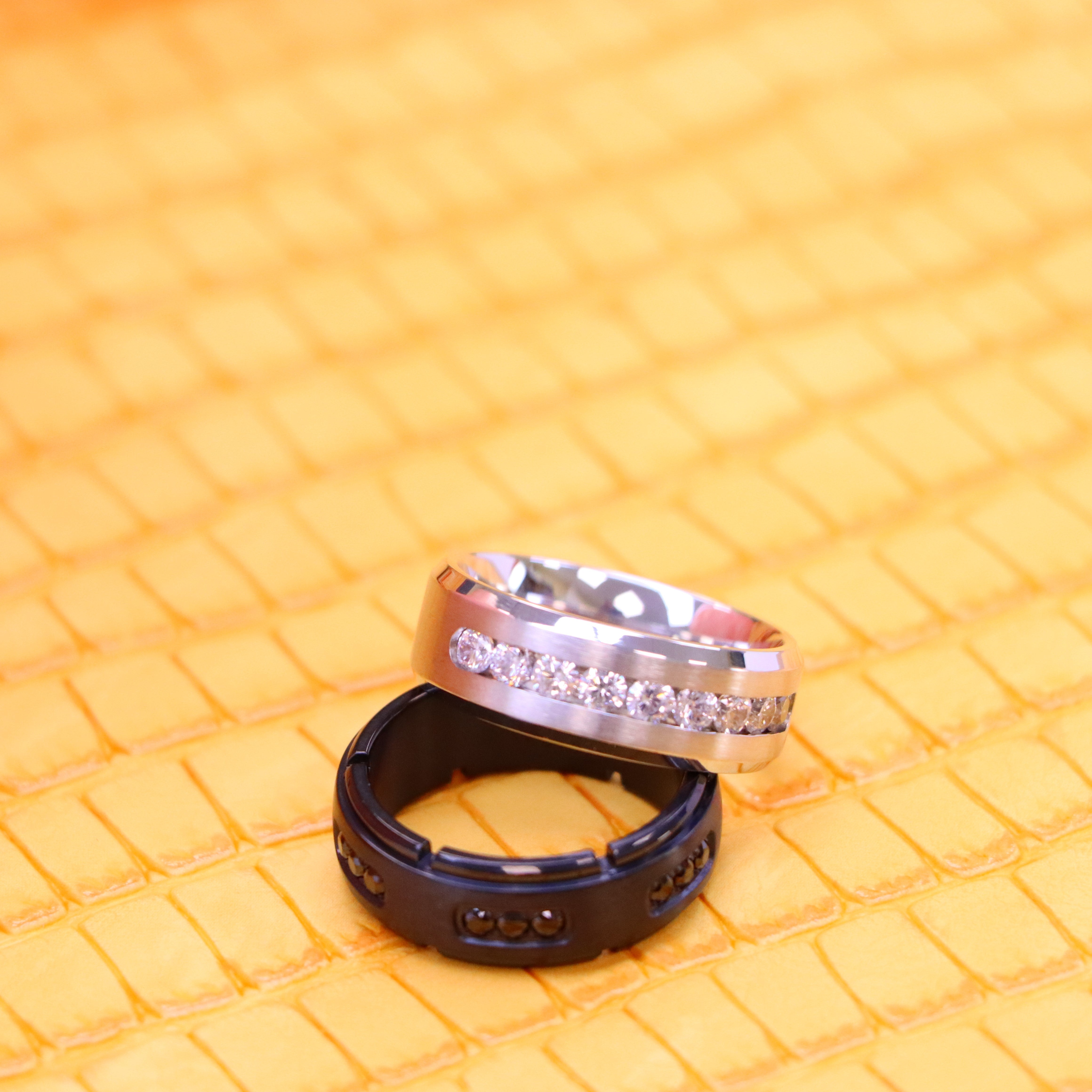 8mm White Titanium Ring Brushed Center Shiny Beveled Edge with 9 Channel Set CZs Titanium Ring Black IP Plated Titanium Ring with 18 Black CZs - Labhu USA