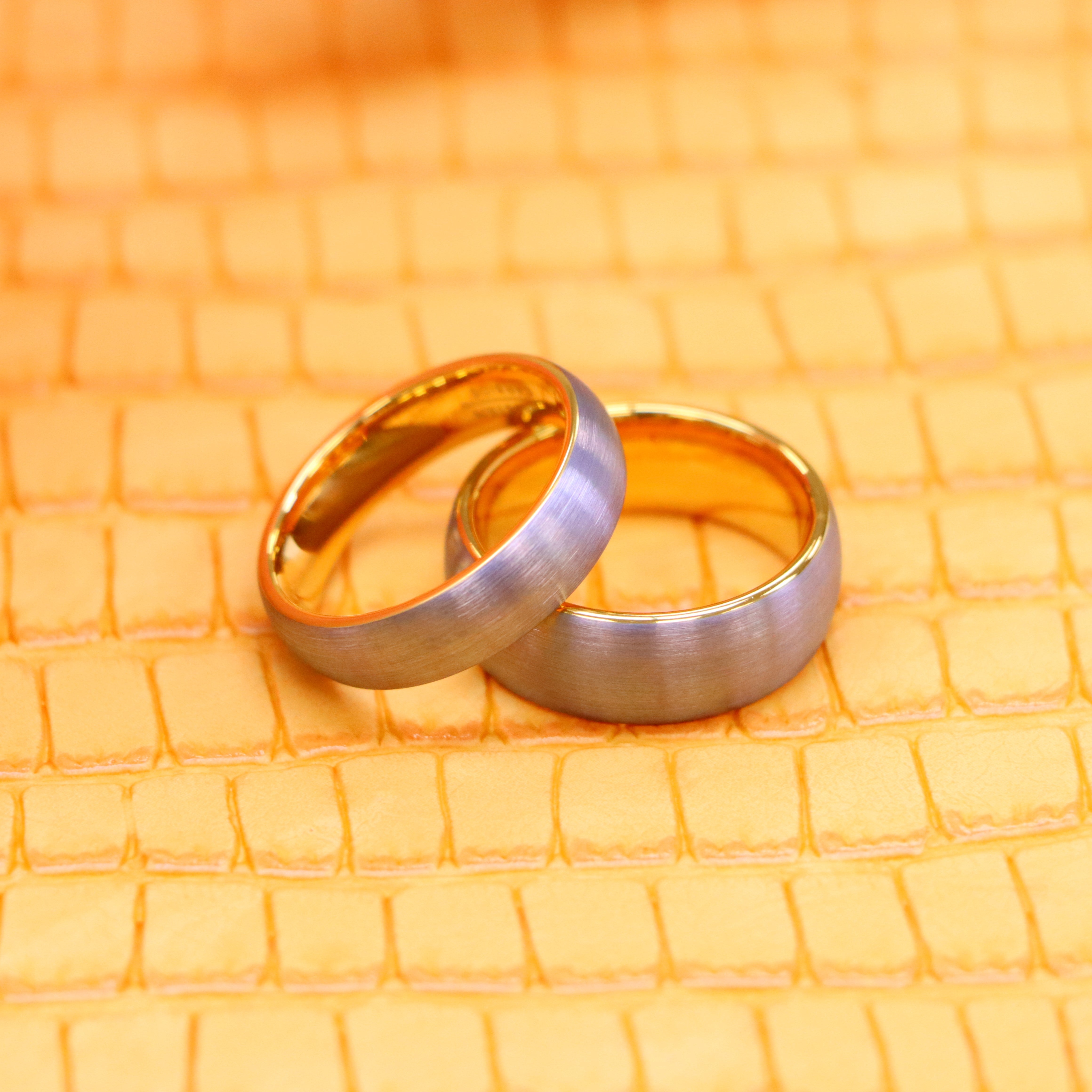 Domed Tungsten Ring with Yellow Gold IP Plated Interior and Gun Metal Brushed Center - Labhu USA
