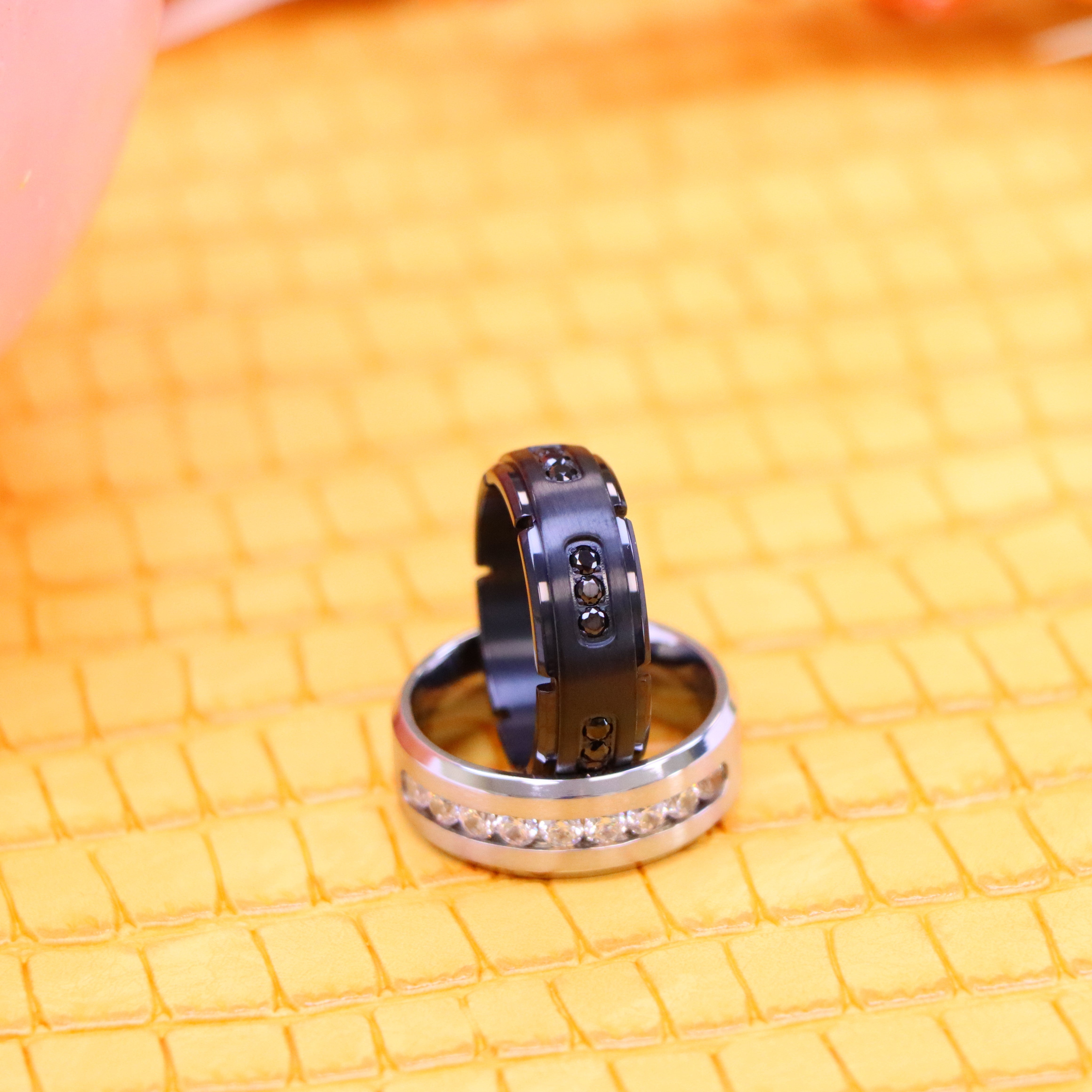 8mm White Titanium Ring Brushed Center Shiny Beveled Edge with 9 Channel Set CZs Titanium Ring Black IP Plated Titanium Ring with 18 Black CZs - Labhu USA
