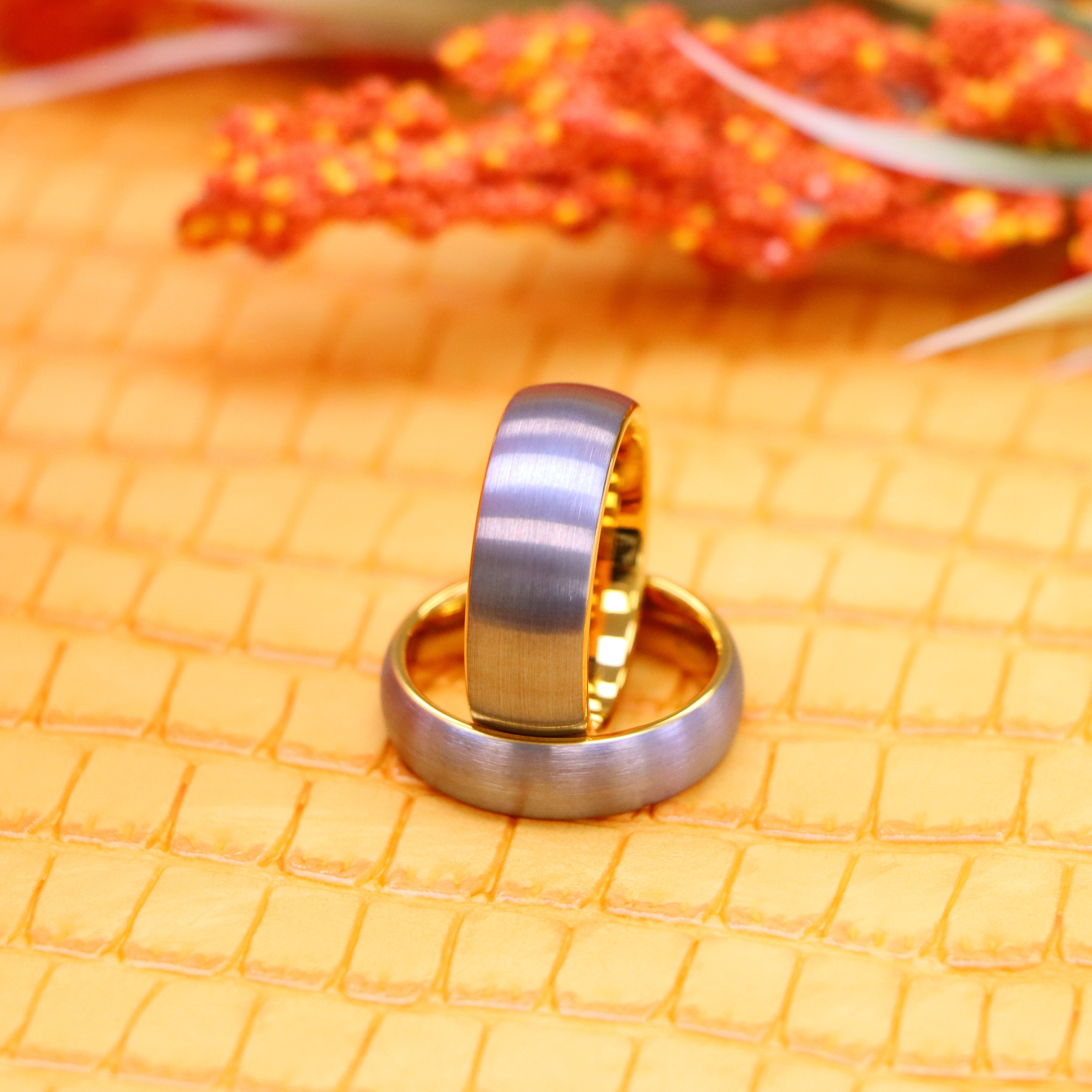 Domed Tungsten Ring with Yellow Gold IP Plated Interior and Gun Metal Brushed Center - Labhu USA