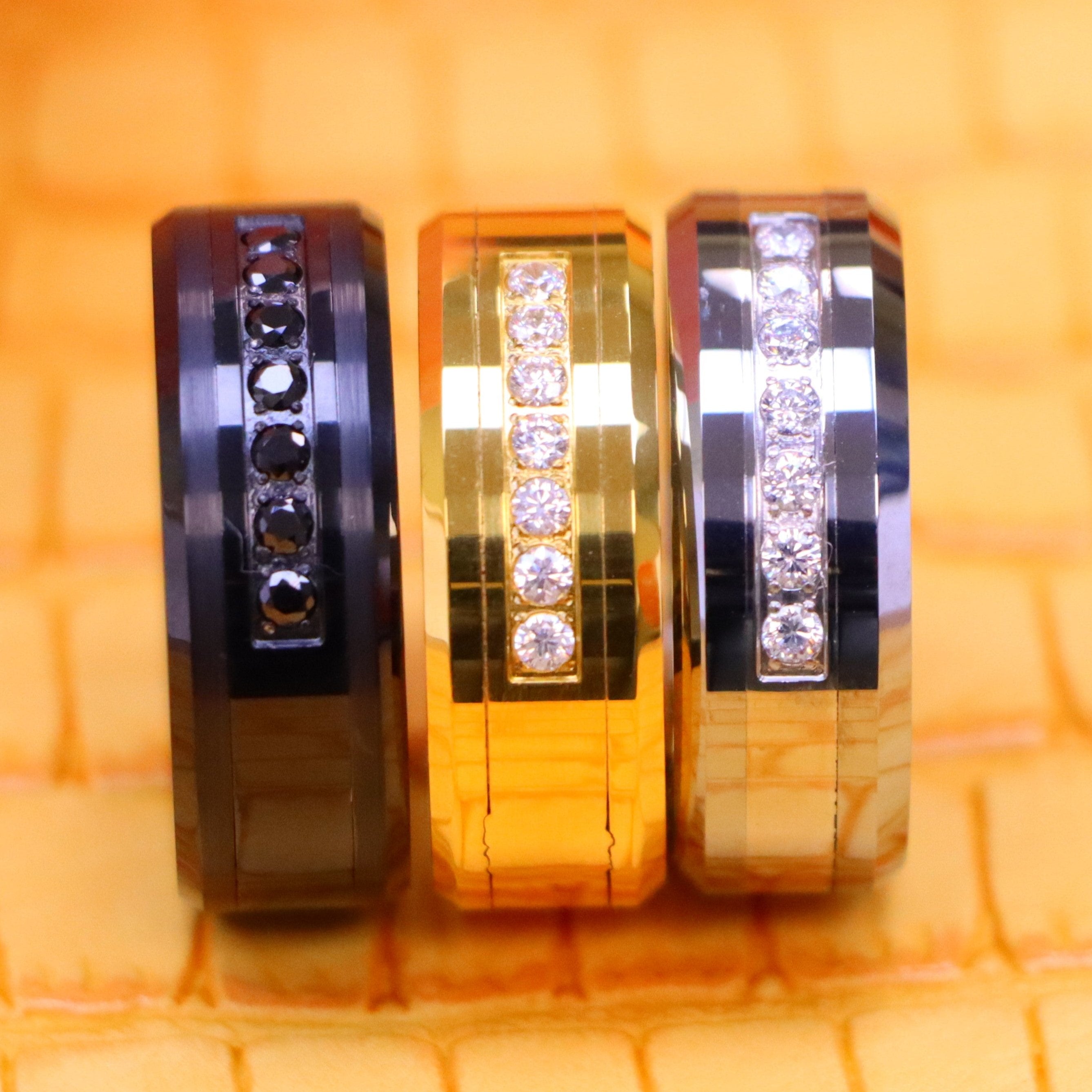 8mm High Polished Beveled Edge Tungsten Ring with 7 Round CZs - Labhu USA