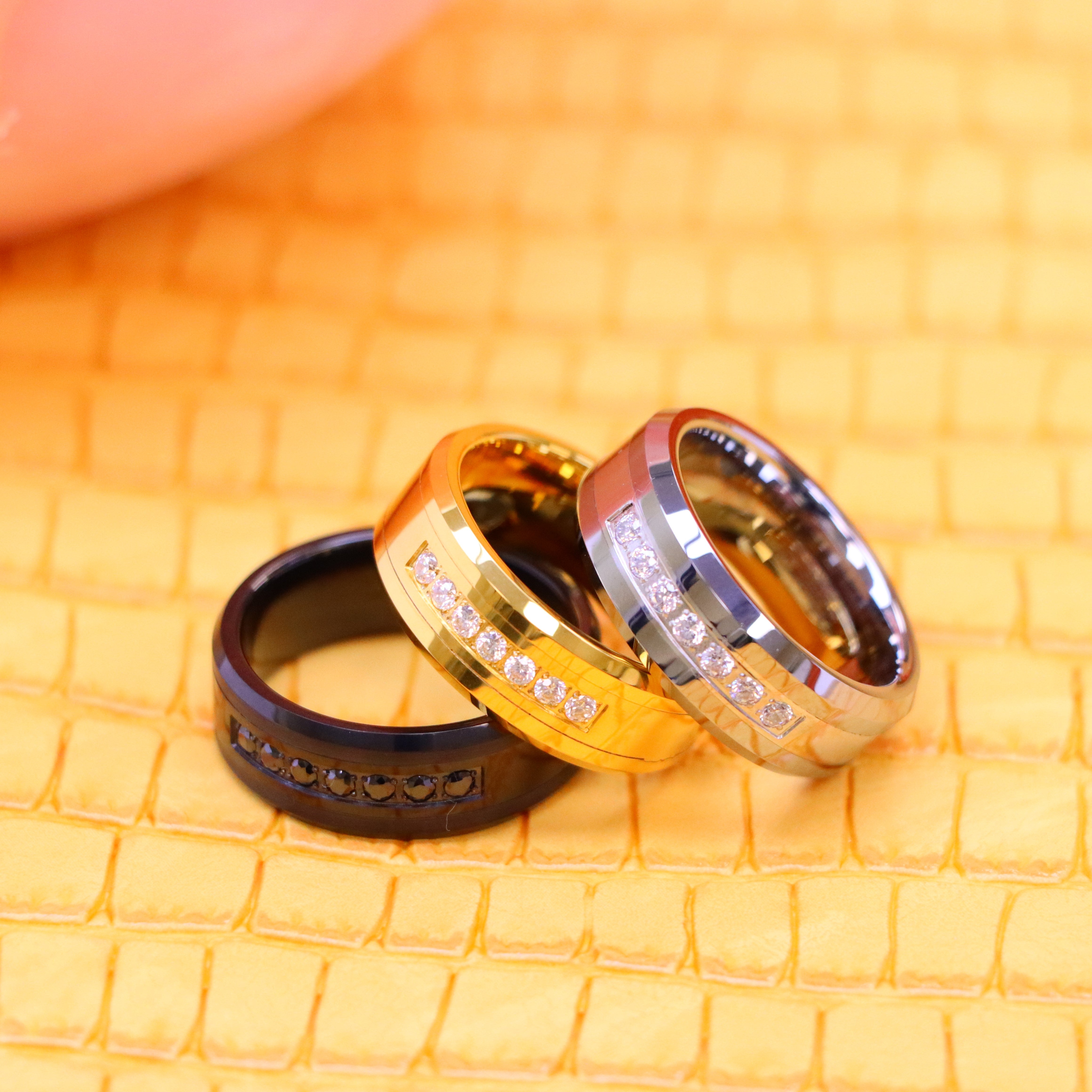 8mm High Polished Beveled Edge Tungsten Ring with 7 Round CZs - Labhu USA