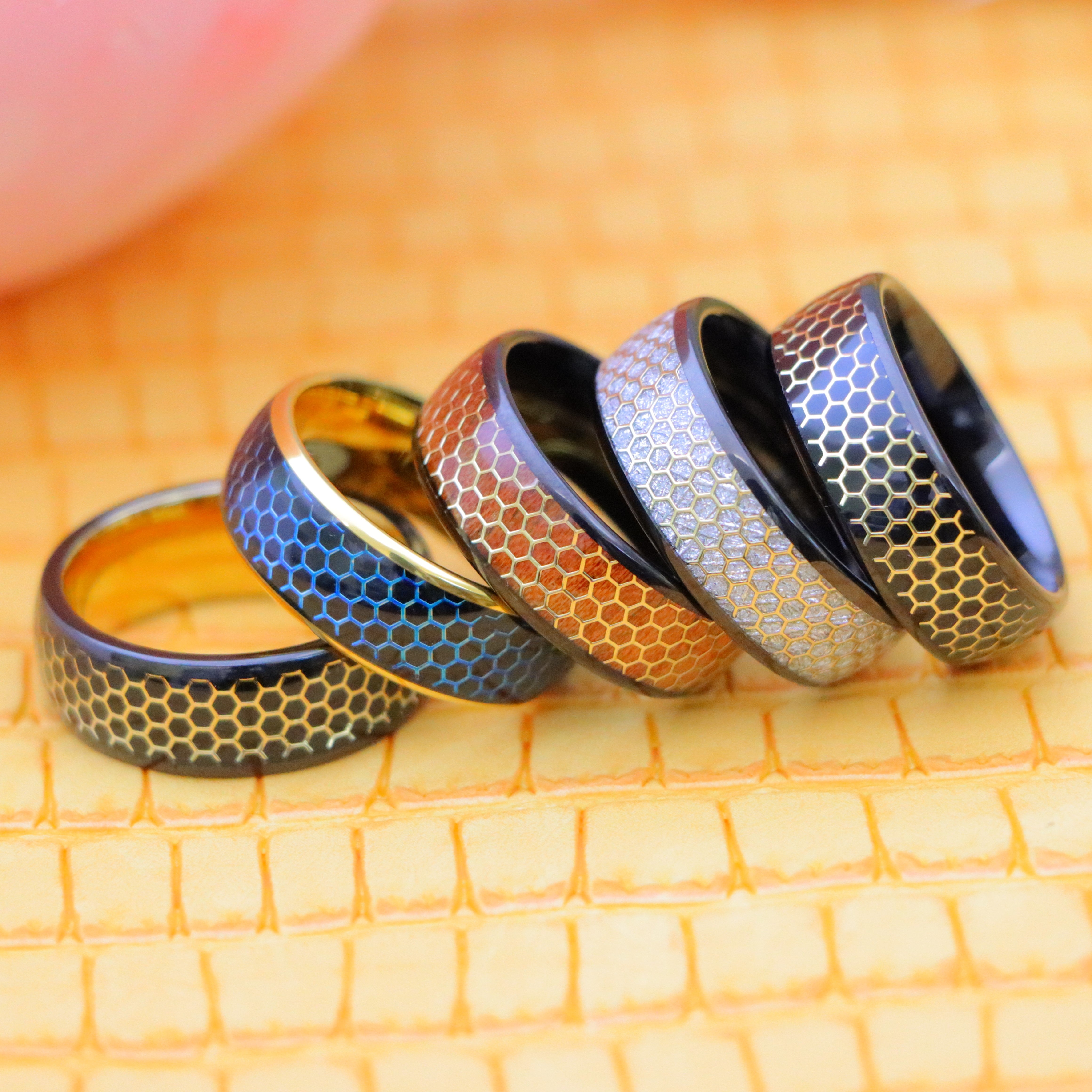 8mm Dome Black IP/Yellow & Black IP with Honeycomb Cut-out Meteorite Inlay/Rosewood Inlay Tungsten Ring - Labhu USA
