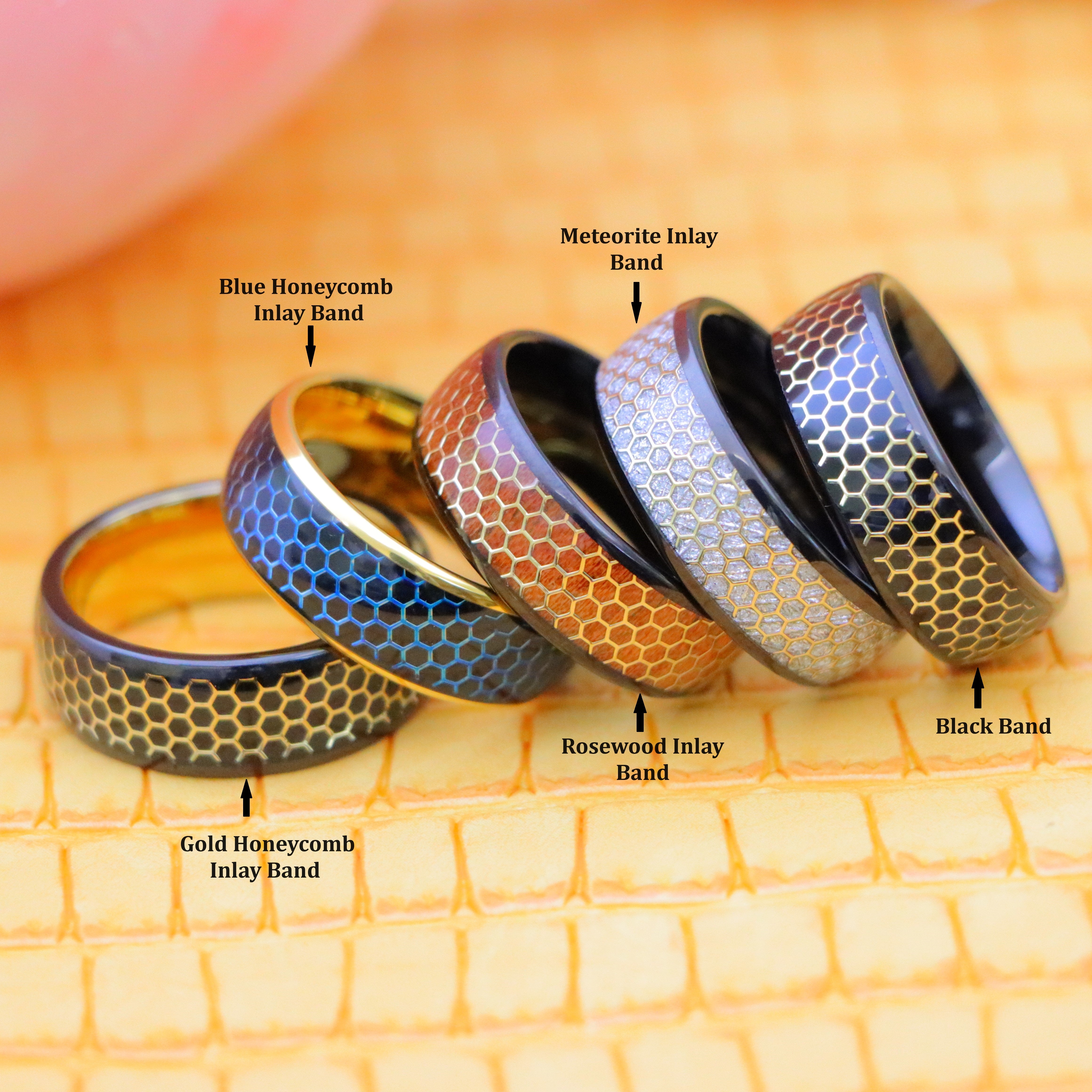 8mm Dome Black IP/Yellow & Black IP with Honeycomb Cut-out Meteorite Inlay/Rosewood Inlay Tungsten Ring - Labhu USA