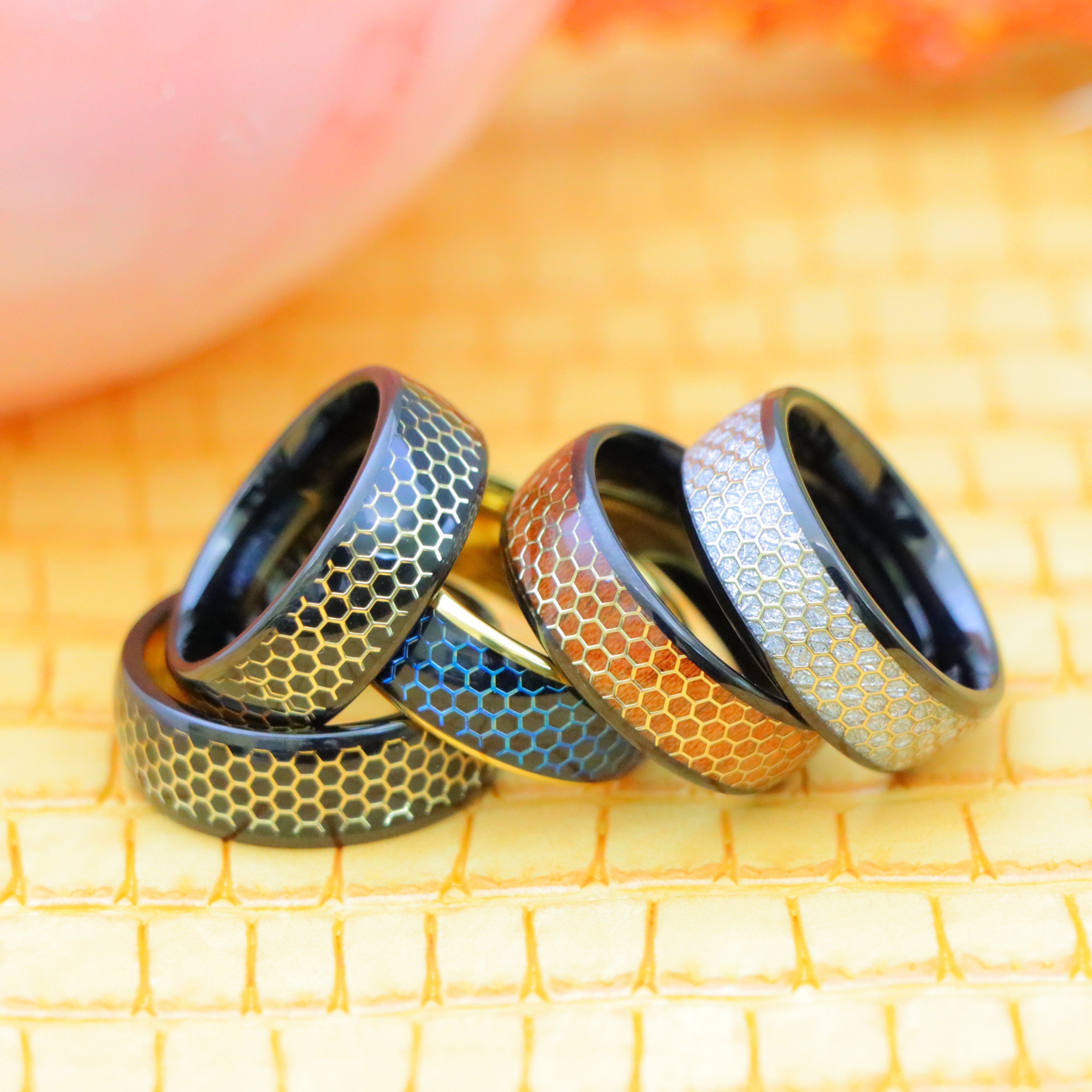 8mm Dome Black IP/Yellow & Black IP with Honeycomb Cut-out Meteorite Inlay/Rosewood Inlay Tungsten Ring - Labhu USA