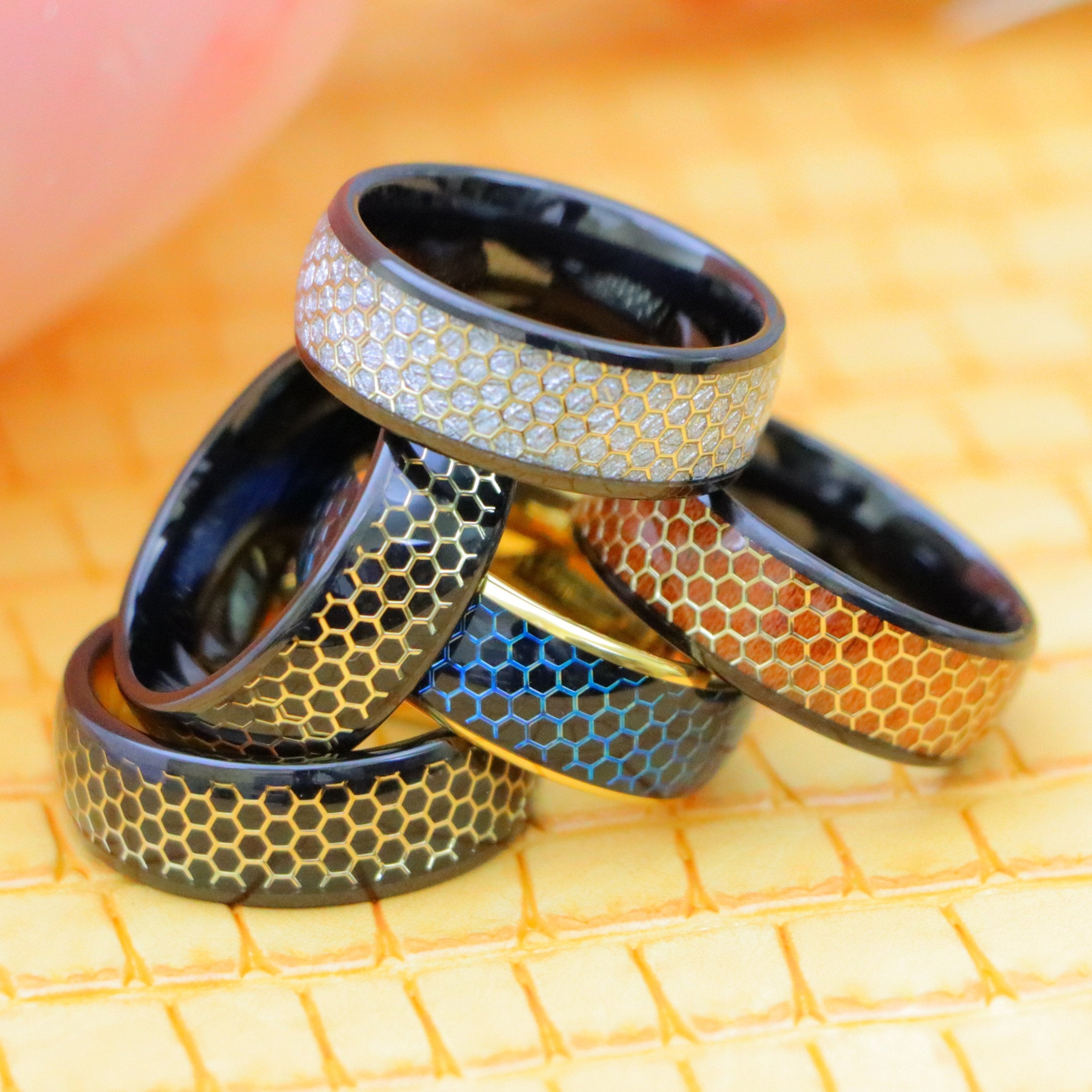 8mm Dome Black IP/Yellow & Black IP with Honeycomb Cut-out Meteorite Inlay/Rosewood Inlay Tungsten Ring - Labhu USA