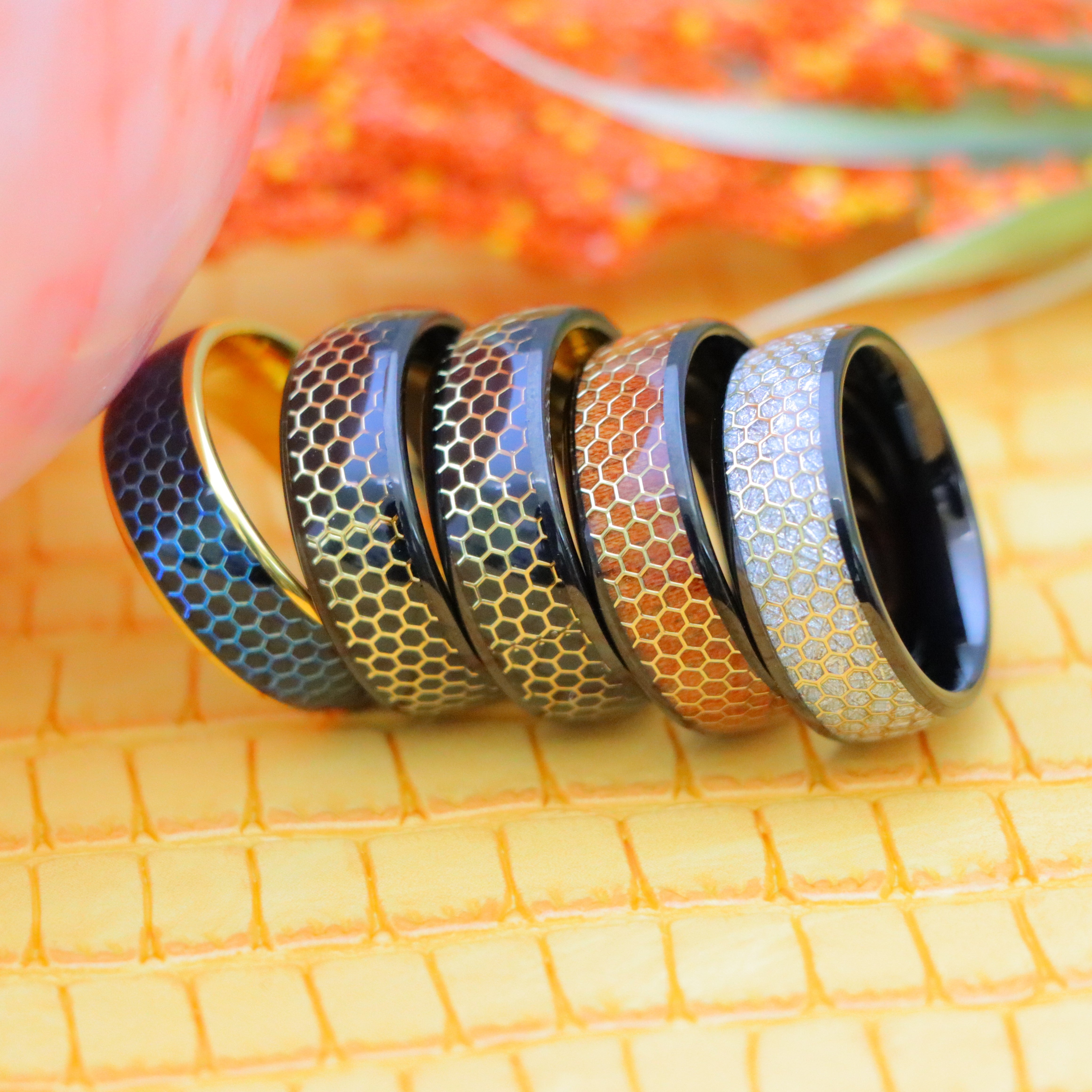 8mm Dome Black IP/Yellow & Black IP with Honeycomb Cut-out Meteorite Inlay/Rosewood Inlay Tungsten Ring - Labhu USA