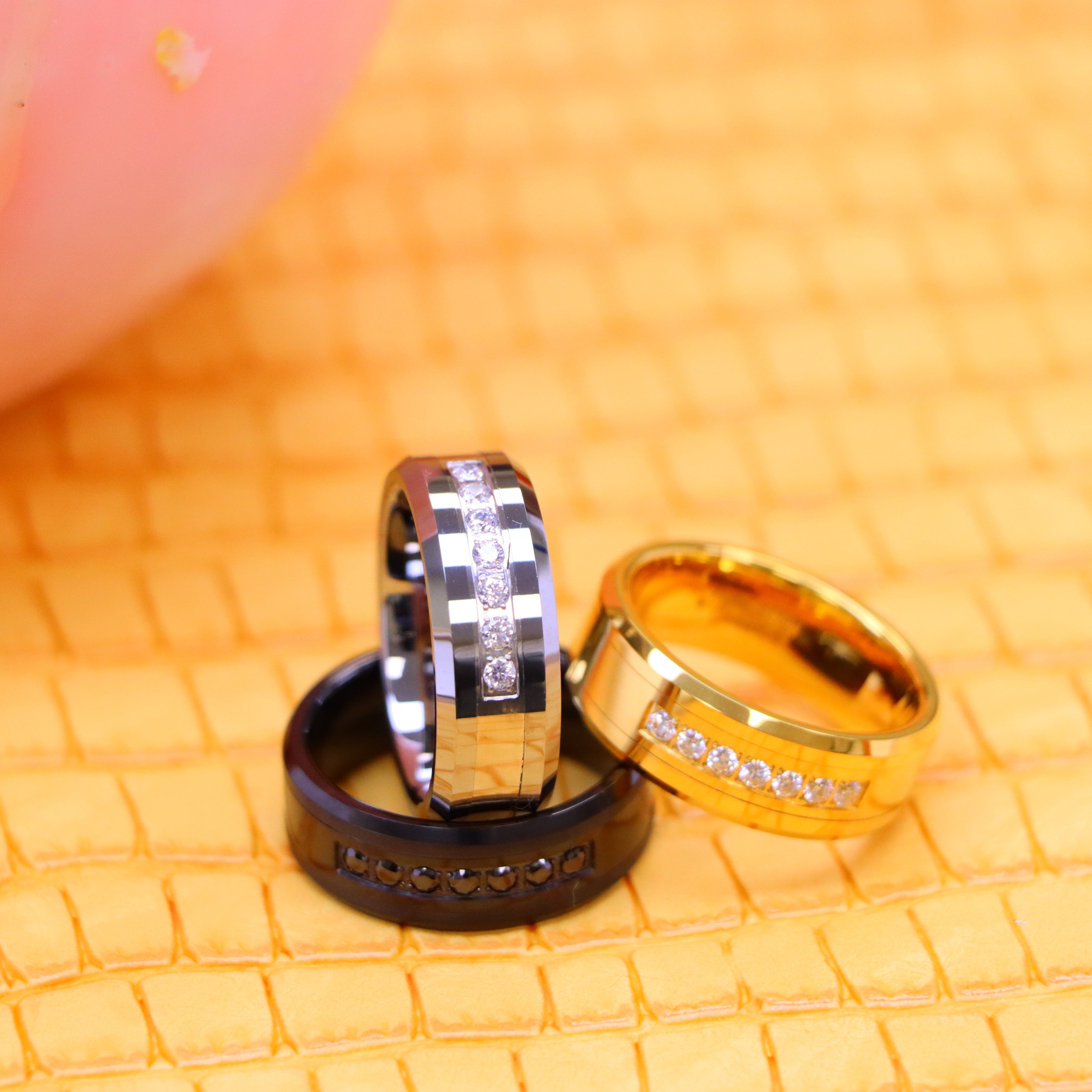 8mm High Polished Beveled Edge Tungsten Ring with 7 Round CZs - Labhu USA