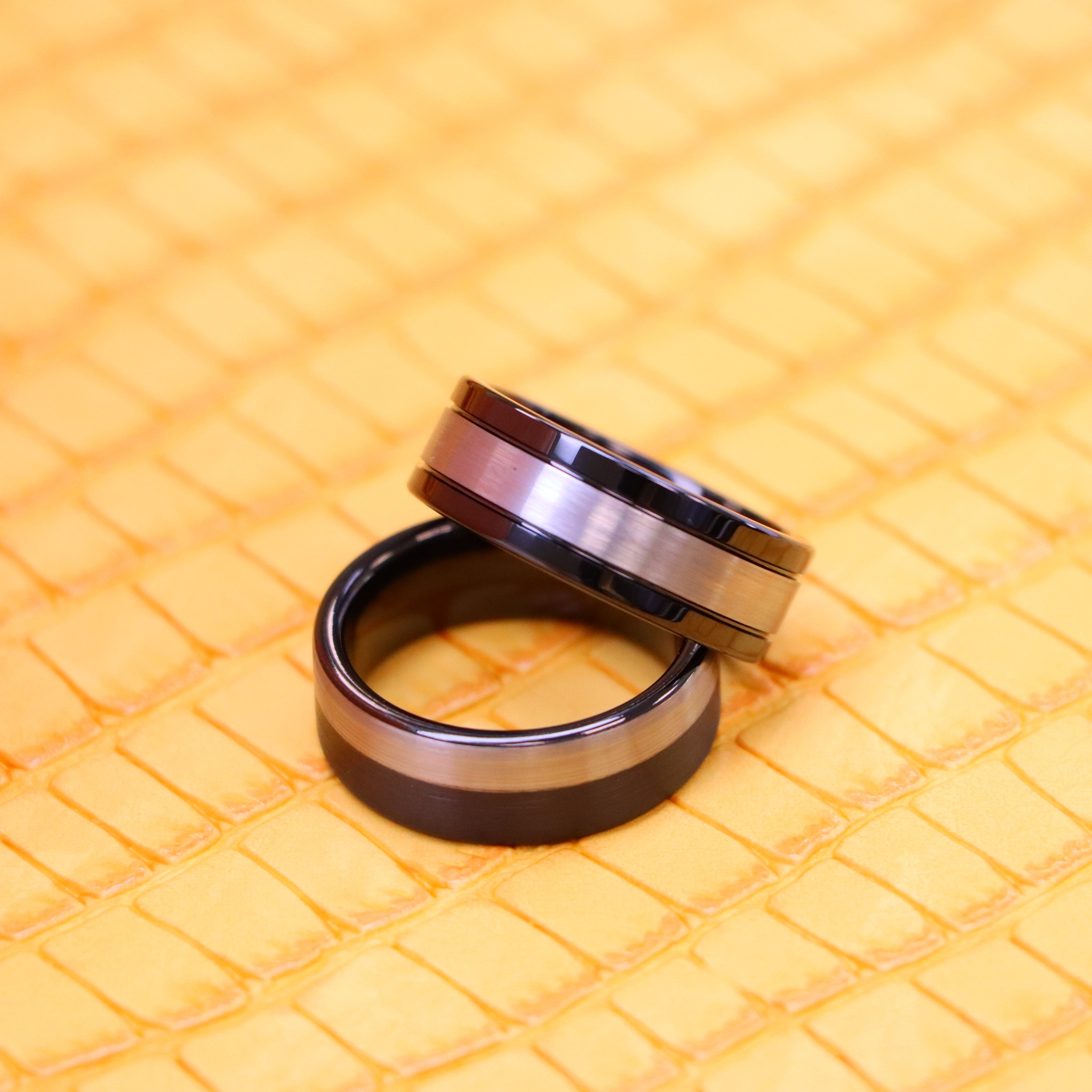 8mm Pipe Cut Two-Tone Black IP Plated Brushed Night & Day Tungsten Ring - Labhu USA