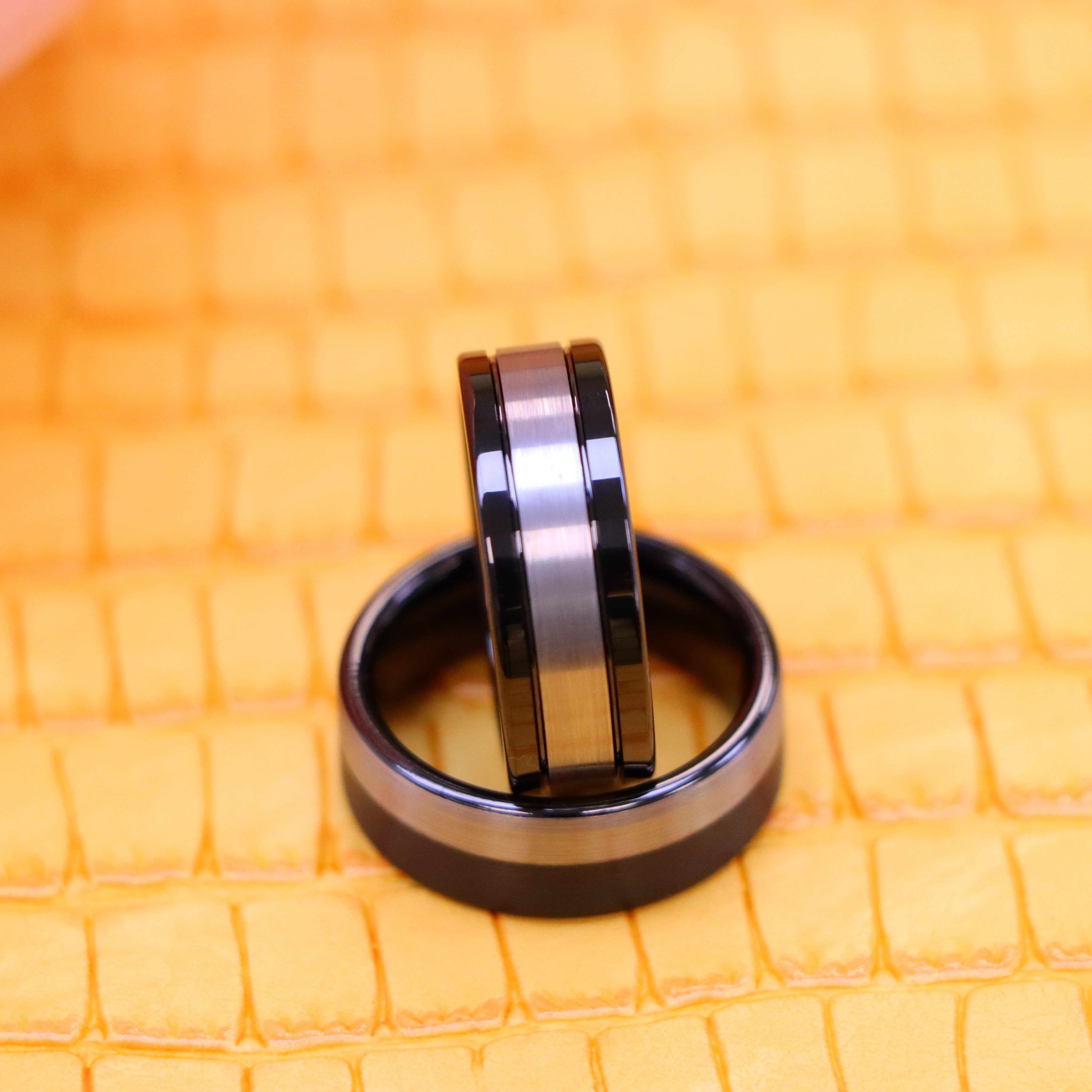 8mm Pipe Cut Two-Tone Black IP Plated Brushed Night & Day Tungsten Ring - Labhu USA