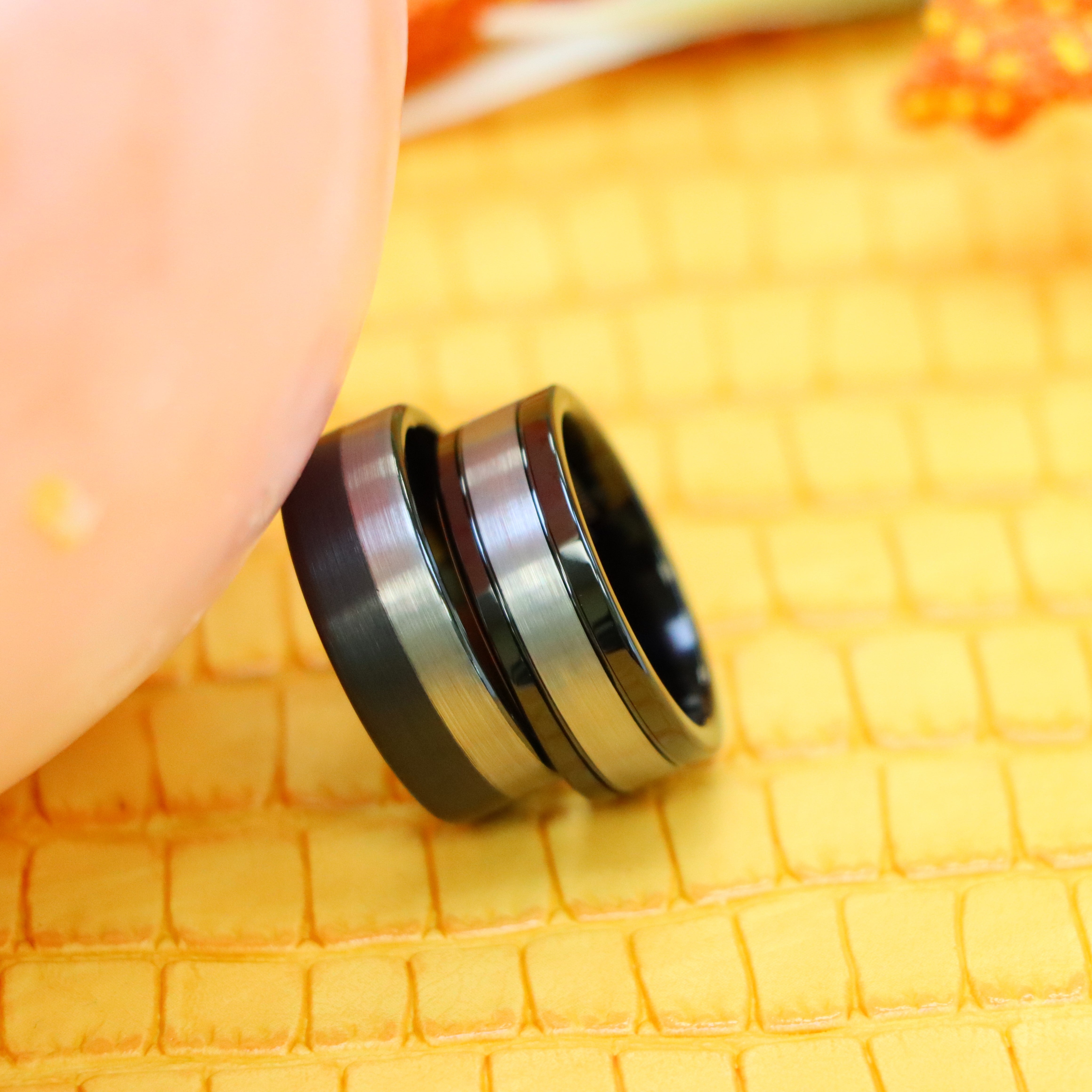 8mm Pipe Cut Two-Tone Black IP Plated Brushed Night & Day Tungsten Ring - Labhu USA